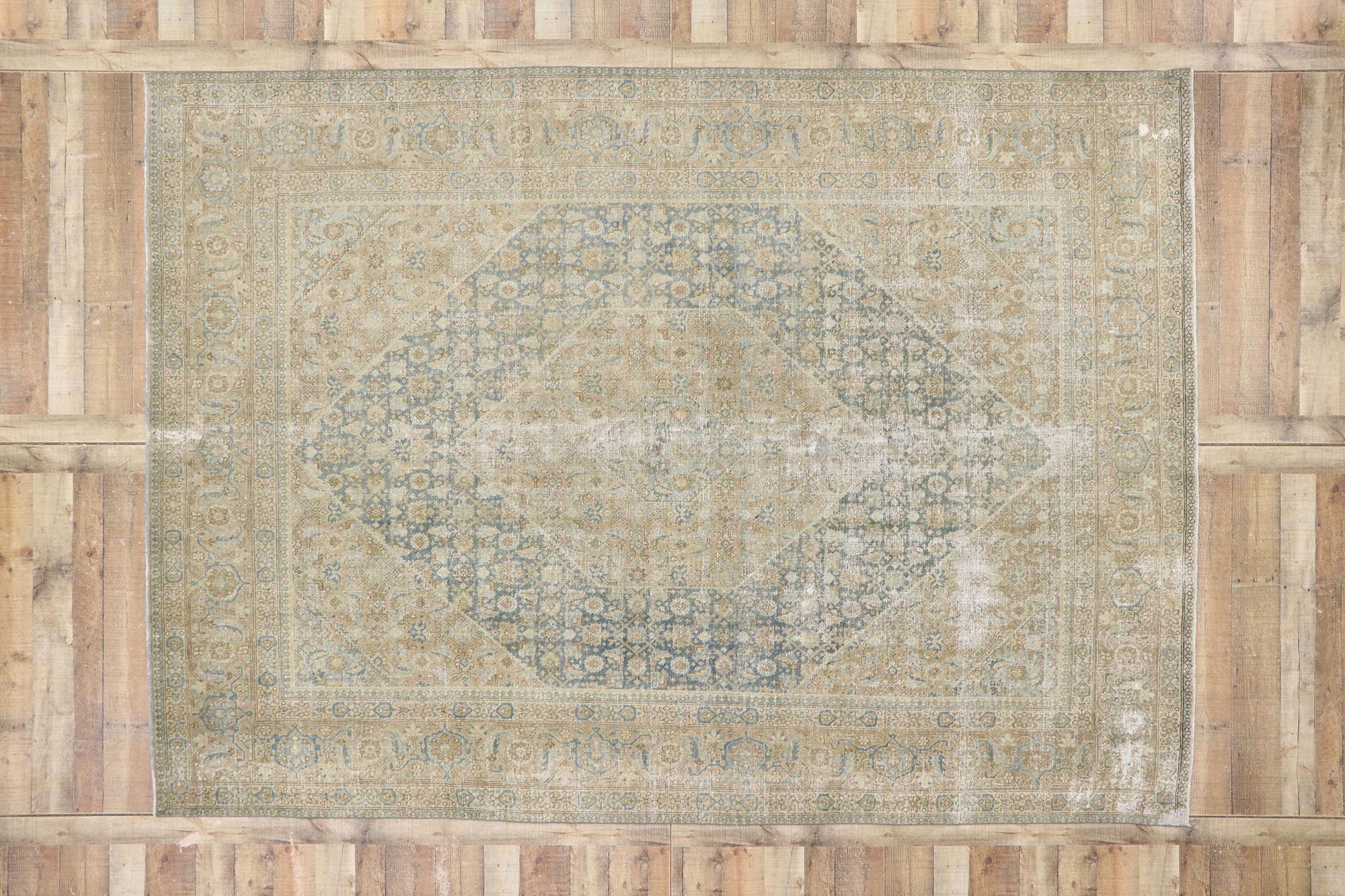 Distressed Antique Persian Mahi Tabriz Rug with Modern Rustic Style For Sale 2