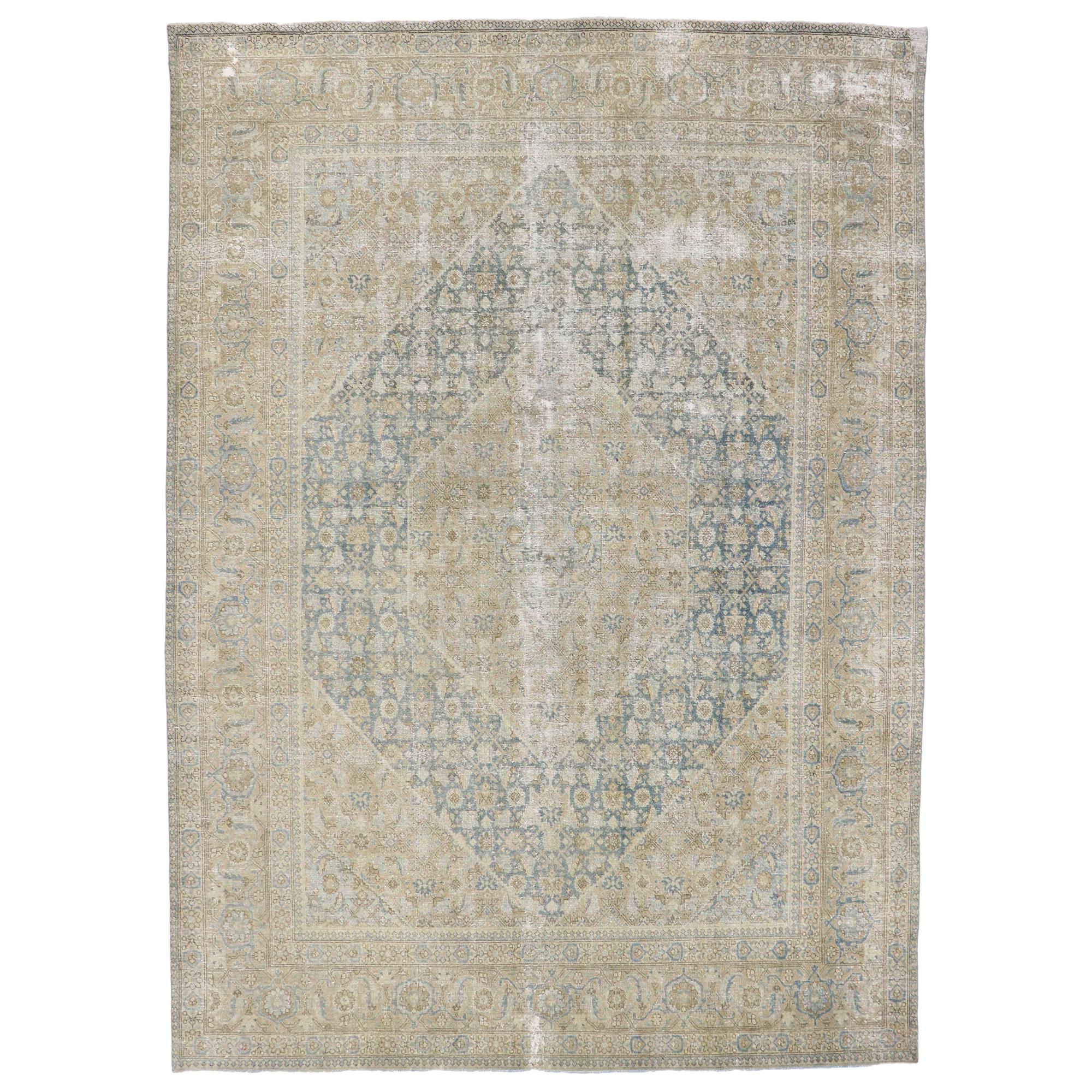Distressed Antique Persian Mahi Tabriz Rug with Modern Rustic Style For Sale