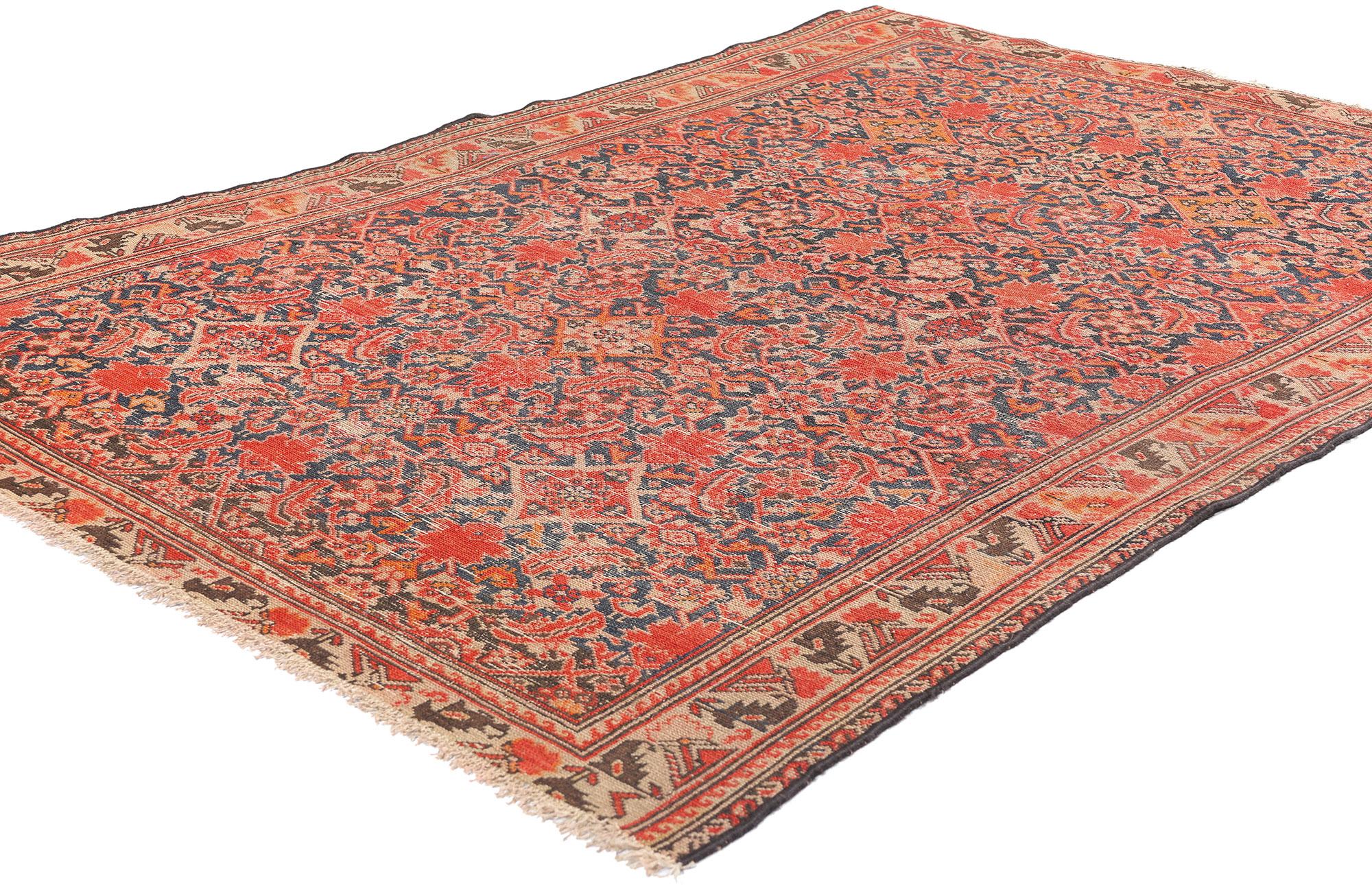 78970 Antiker Persischer Malayer Teppich, 04'01 x 05'11. Dieser handgeknüpfte, antike persische Malayer-Teppich aus Wolle ist der Inbegriff von modernem, rustikalem Charme, gepaart mit entspanntem Luxus. Mit seinem zeitgemäßen Charakter und den