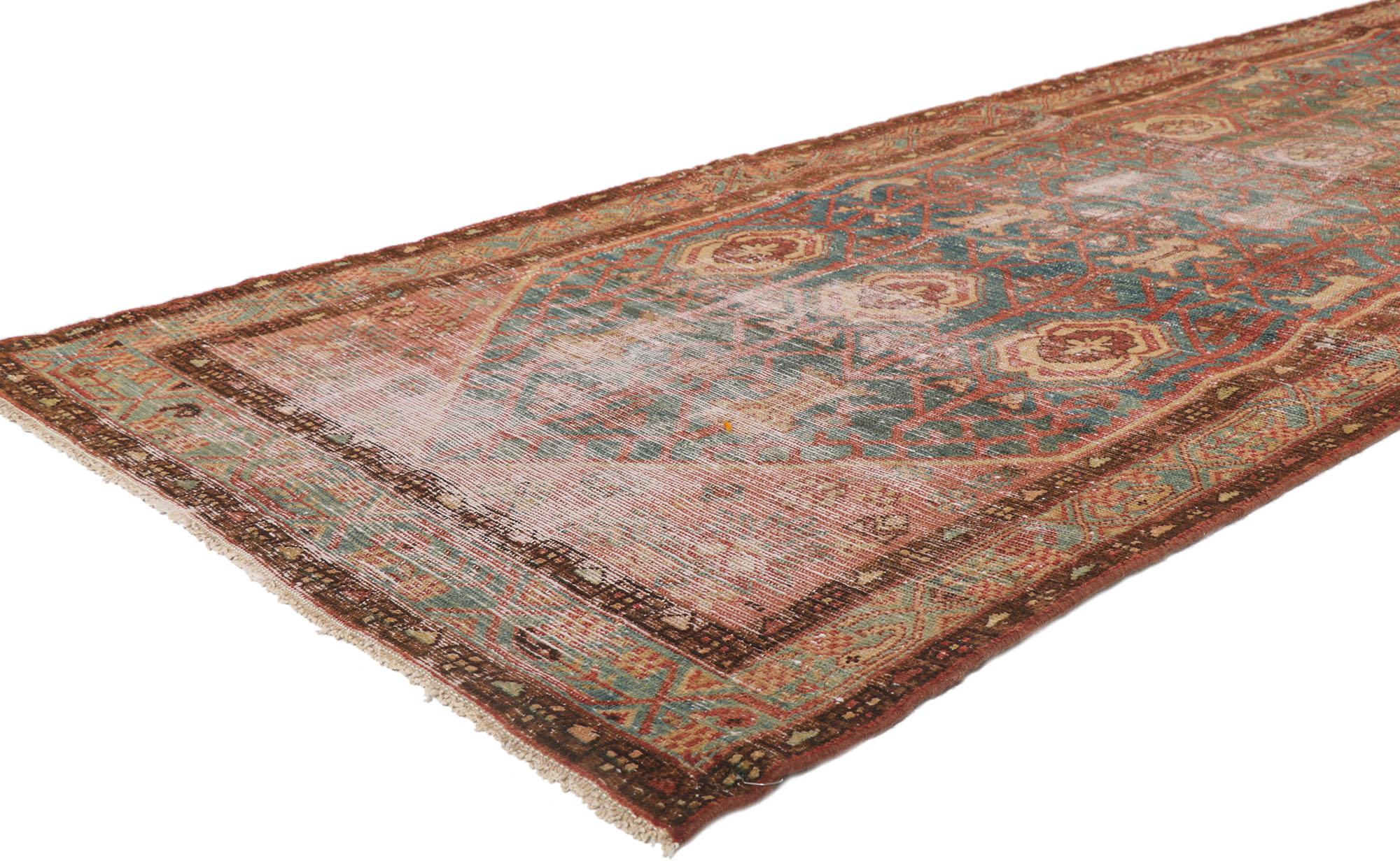 53730 Distressed Antique Persian Malayer Runner 03'05 x 13'04. With its rugged beauty and timeless design, this hand knotted wool distressed antique Persian Malayer carpet runner beautifully embodies a modern style. The lovingly time-worn bluish