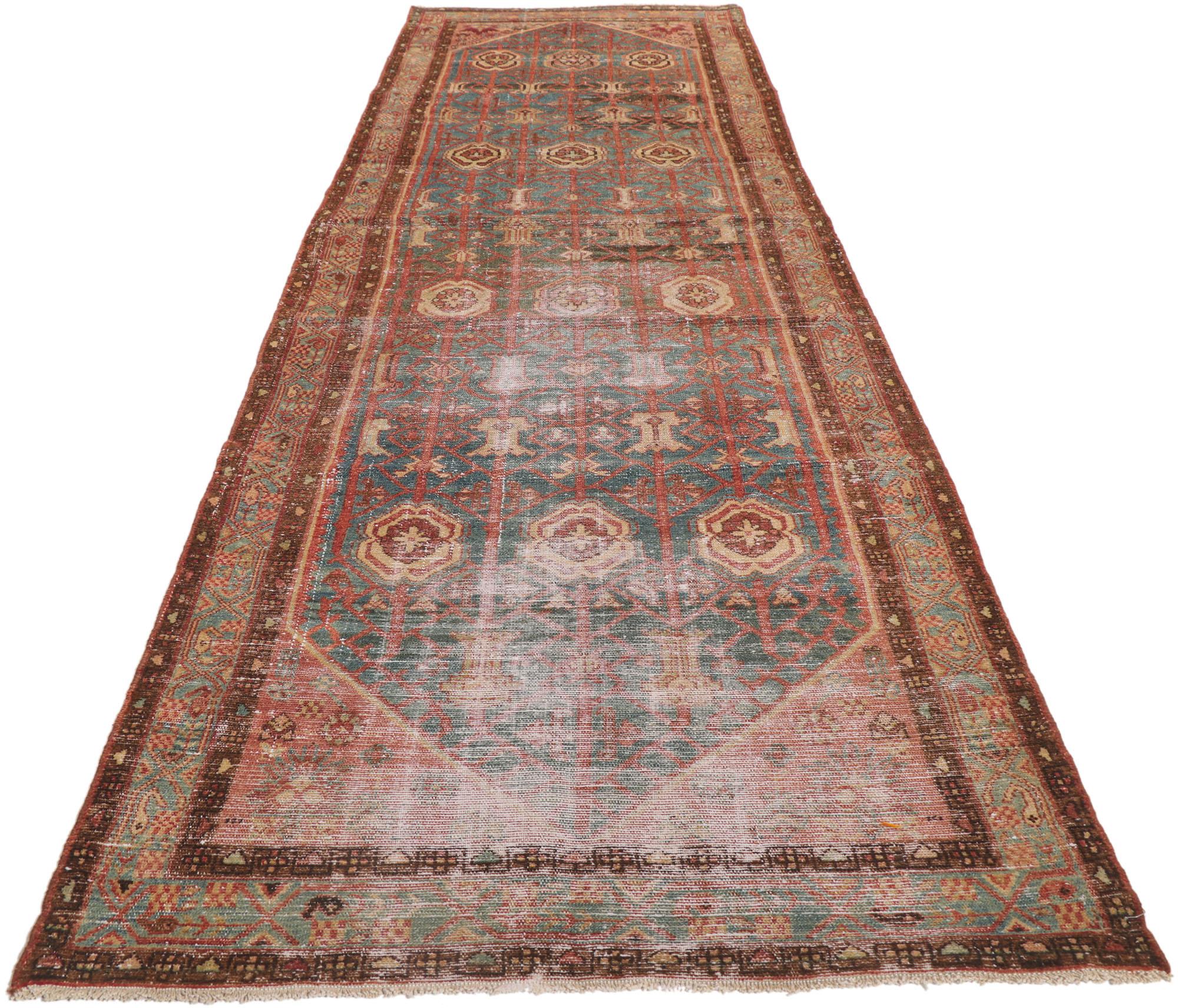 Hand-Knotted Distressed Antique Persian Malayer Carpet Runner For Sale