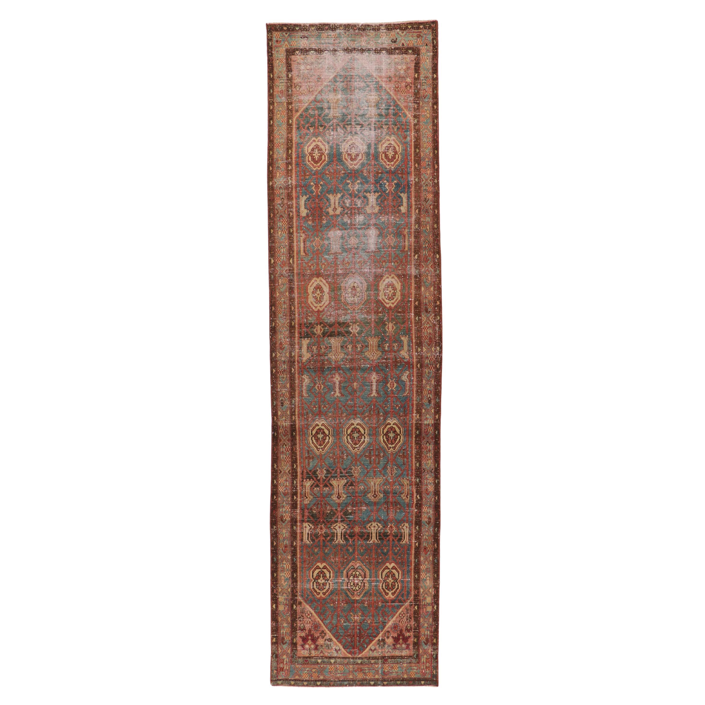 Distressed Antique Persian Malayer Carpet Runner For Sale