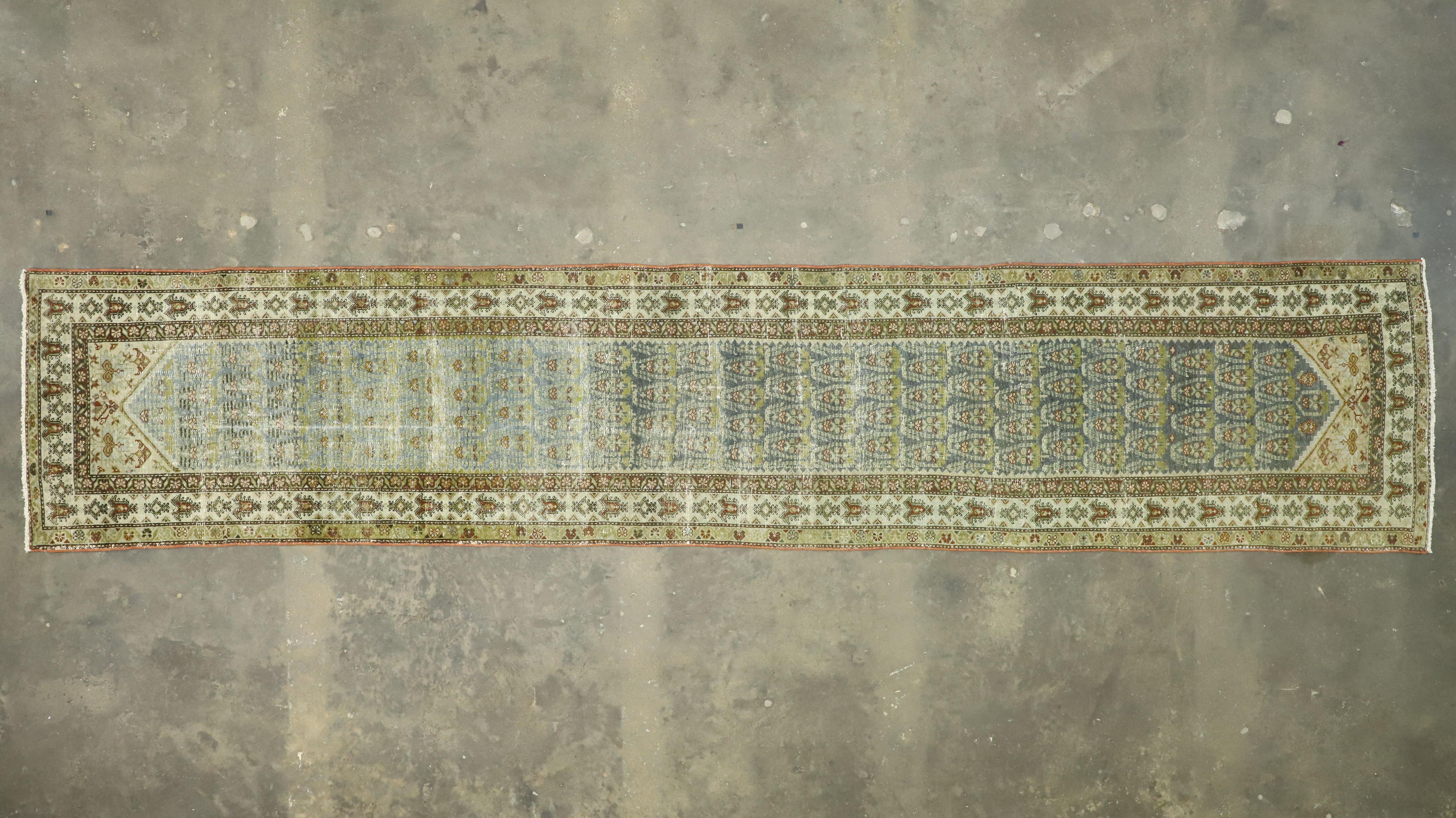 Distressed Antique Persian Malayer Runner with Modern Gustavian Style For Sale 1