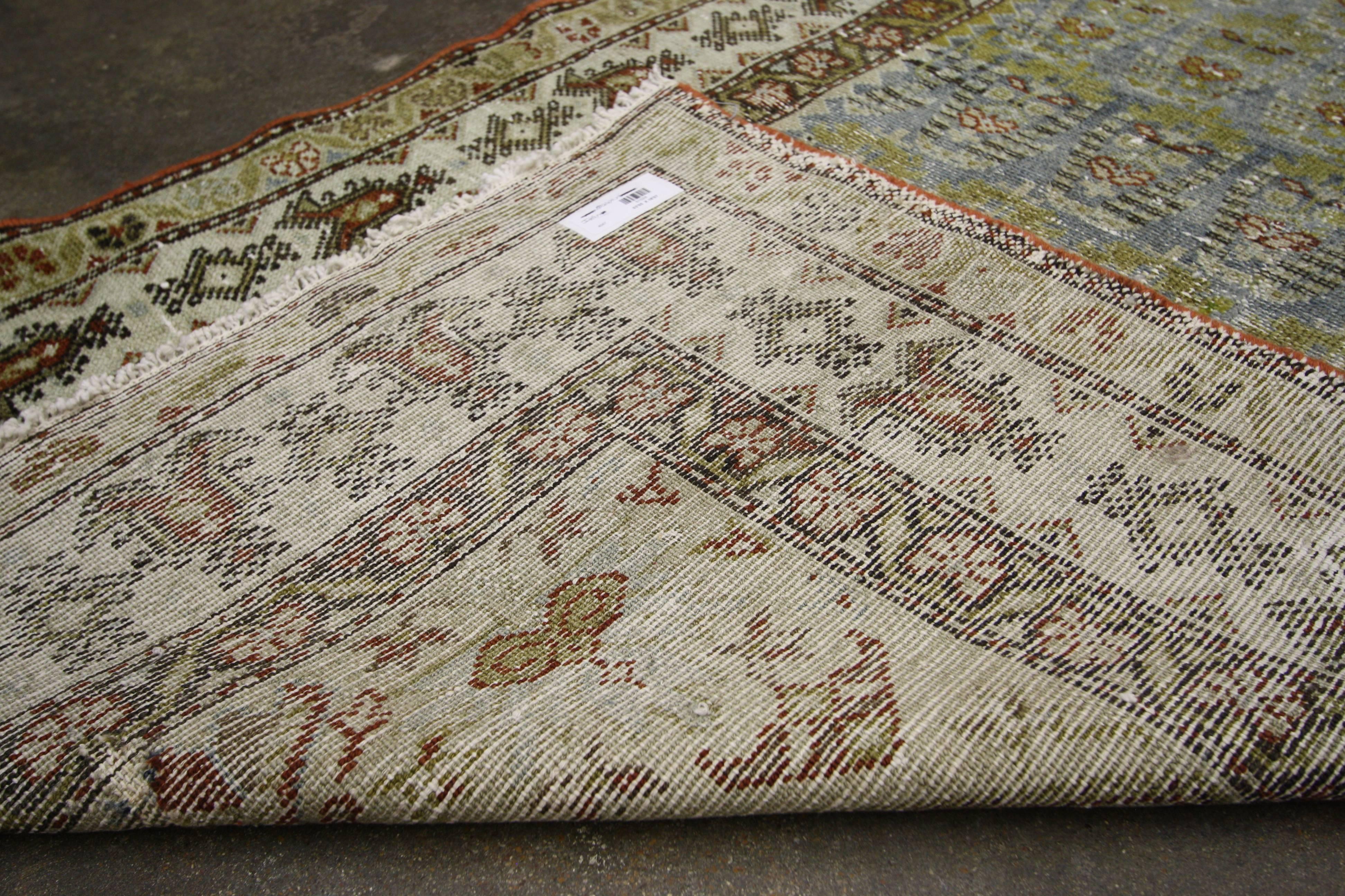 Distressed Antique Persian Malayer Runner with Modern Gustavian Style In Distressed Condition For Sale In Dallas, TX