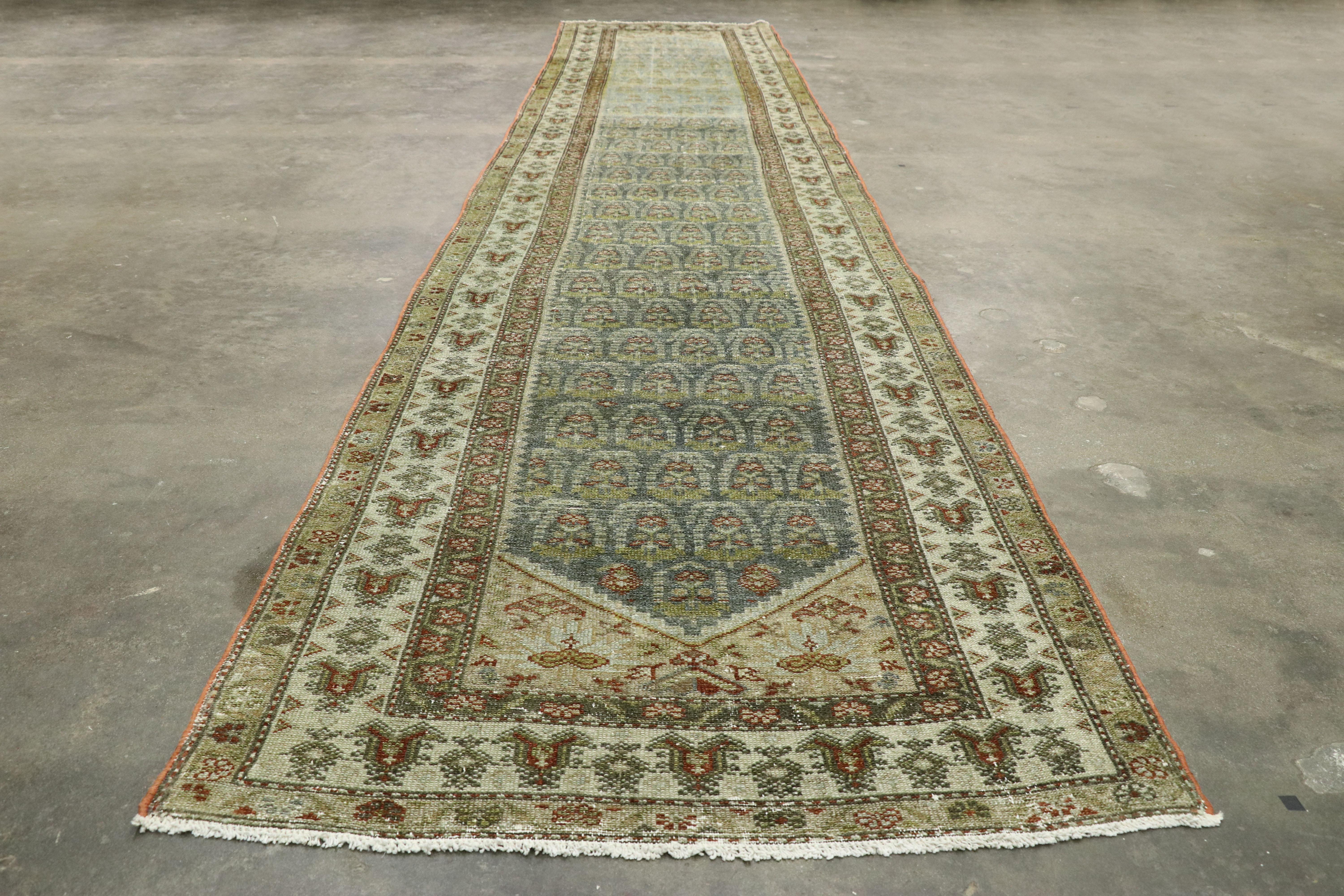 Wool Distressed Antique Persian Malayer Runner with Modern Gustavian Style For Sale