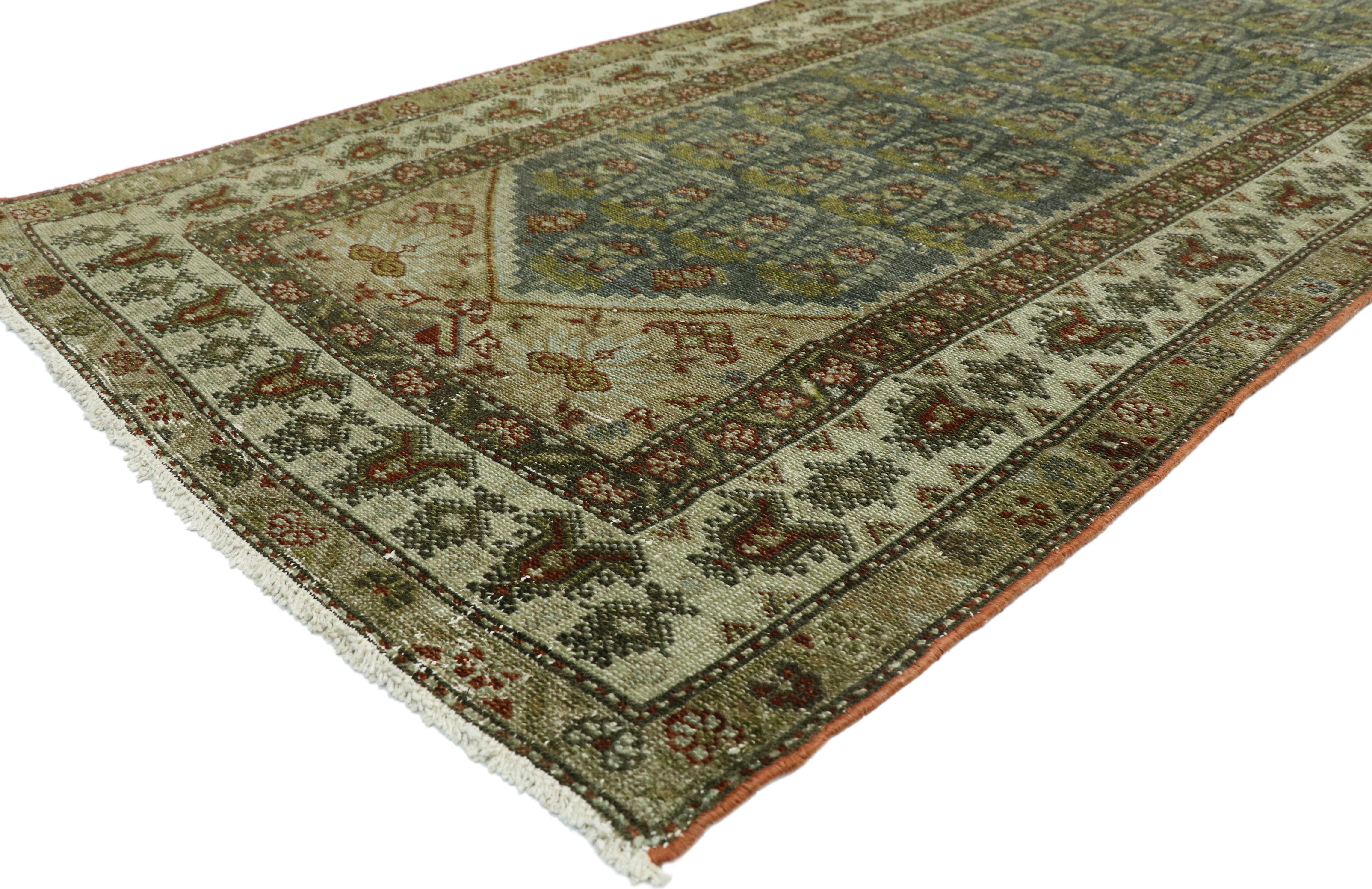 51524 Distressed Antique Persian Malayer Runner with Modern Gustavian Style 03'05 x 16'07. With rustic charm and timeless appeal, this hand knotted wool distressed antique Persian Malayer runner can beautifully blend traditional, modern, and