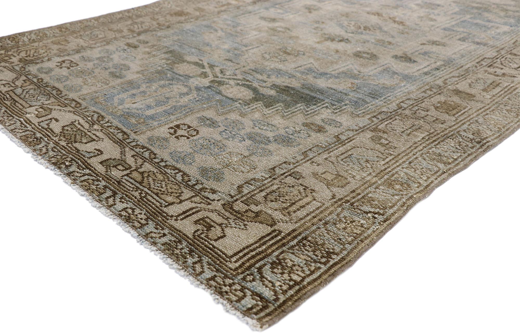 52554, distressed antique Persian Malayer design rug with British Colonial Cottage style. Warm and inviting combined with the right amount of necessary aesthetic elements, this hand knotted wool distressed antique Persian Malayer design rug charms