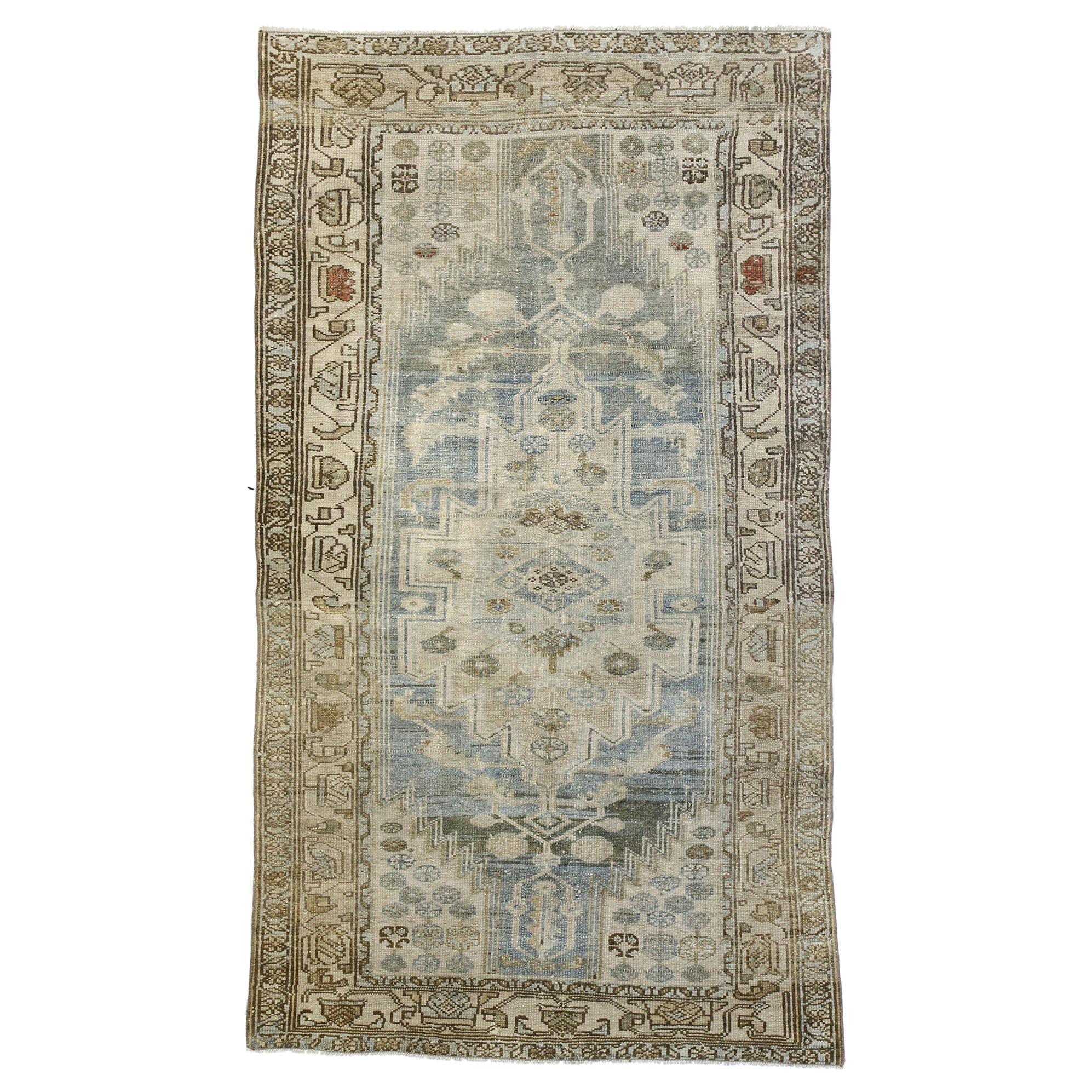 Distressed Antique Persian Malayer Design Rug with Colonial Cottage Style