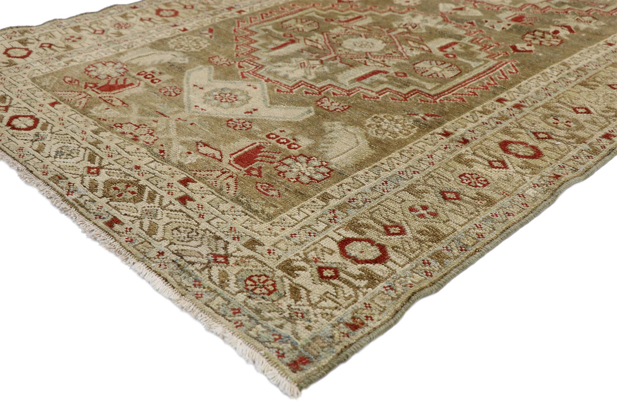 52627, distressed antique Persian Malayer design Runner with rustic Arts & Crafts style. With its stately character and weathered beauty combined with Arts & Crafts style, this hand knotted wool distressed antique Persian Malayer design runner