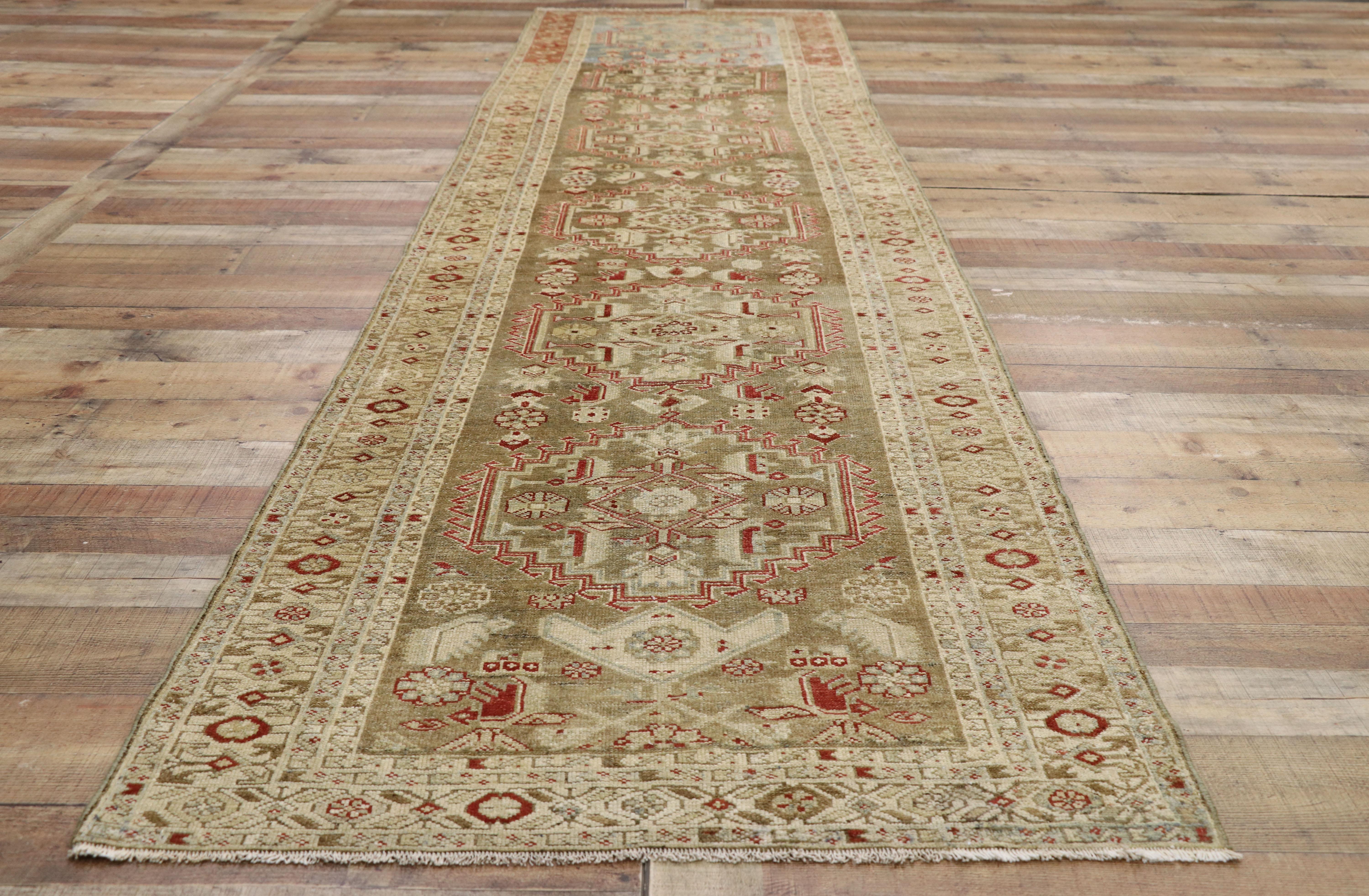 Wool Distressed Antique Persian Malayer Design Runner with Rustic Arts & Crafts Style For Sale