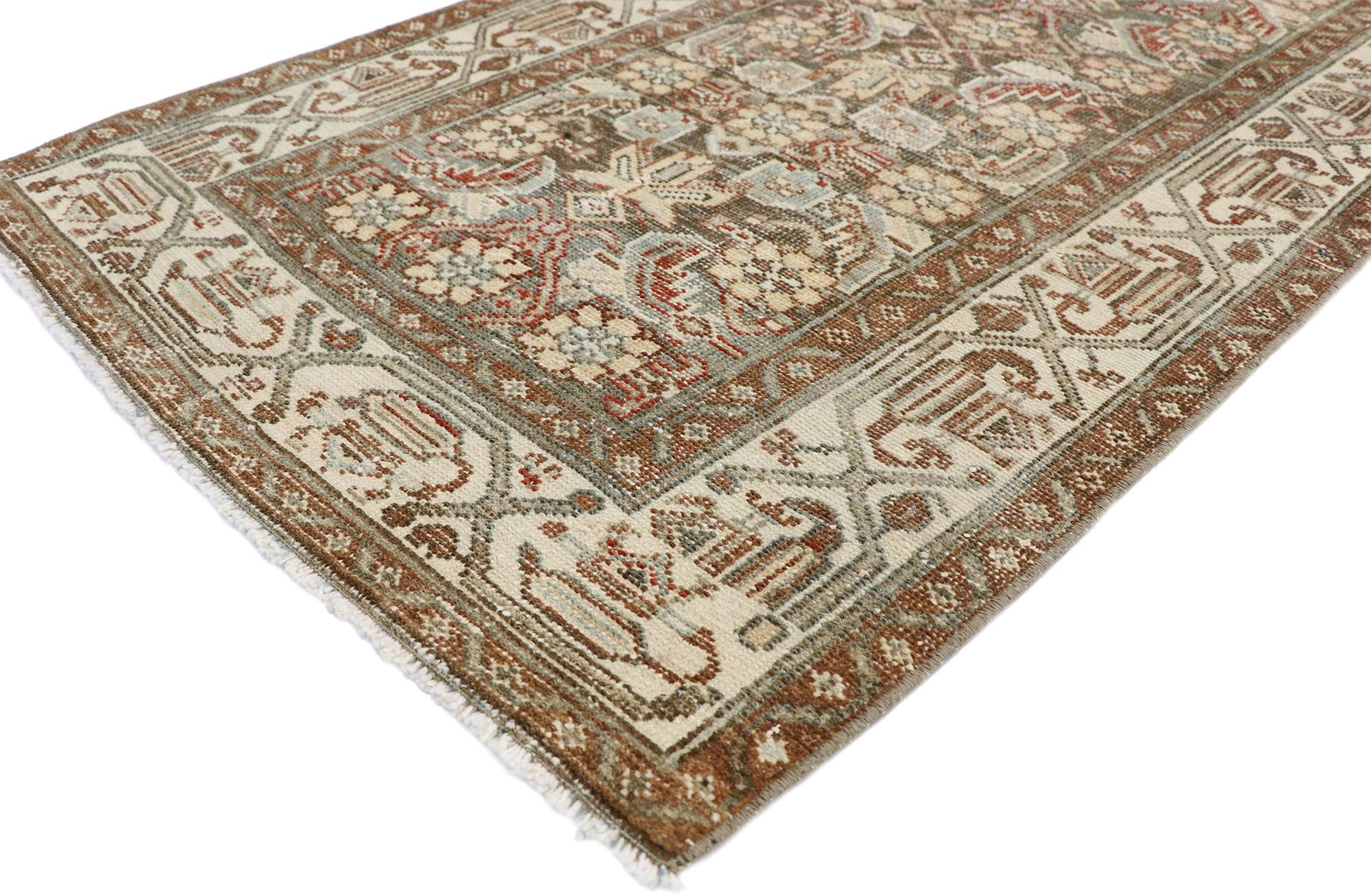 52553, distressed antique Persian Malayer design runner with Rustic Craftsman style. Warm and inviting combined with its geometric pattern and weathered composition, this hand knotted wool distressed antique Persian design runner embodies a rustic