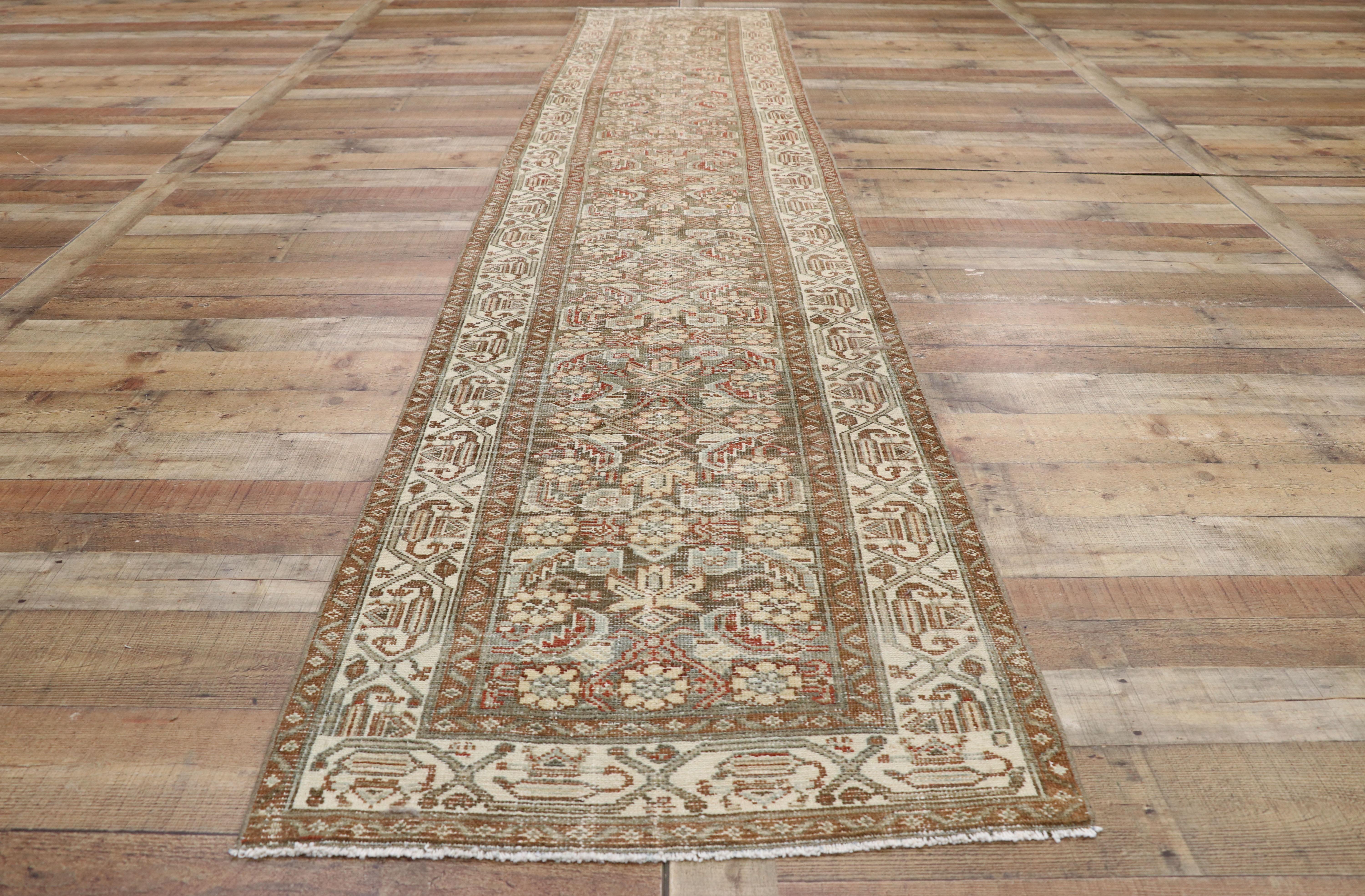 20th Century Distressed Antique Persian Malayer Design Runner with Rustic Craftsman Style For Sale