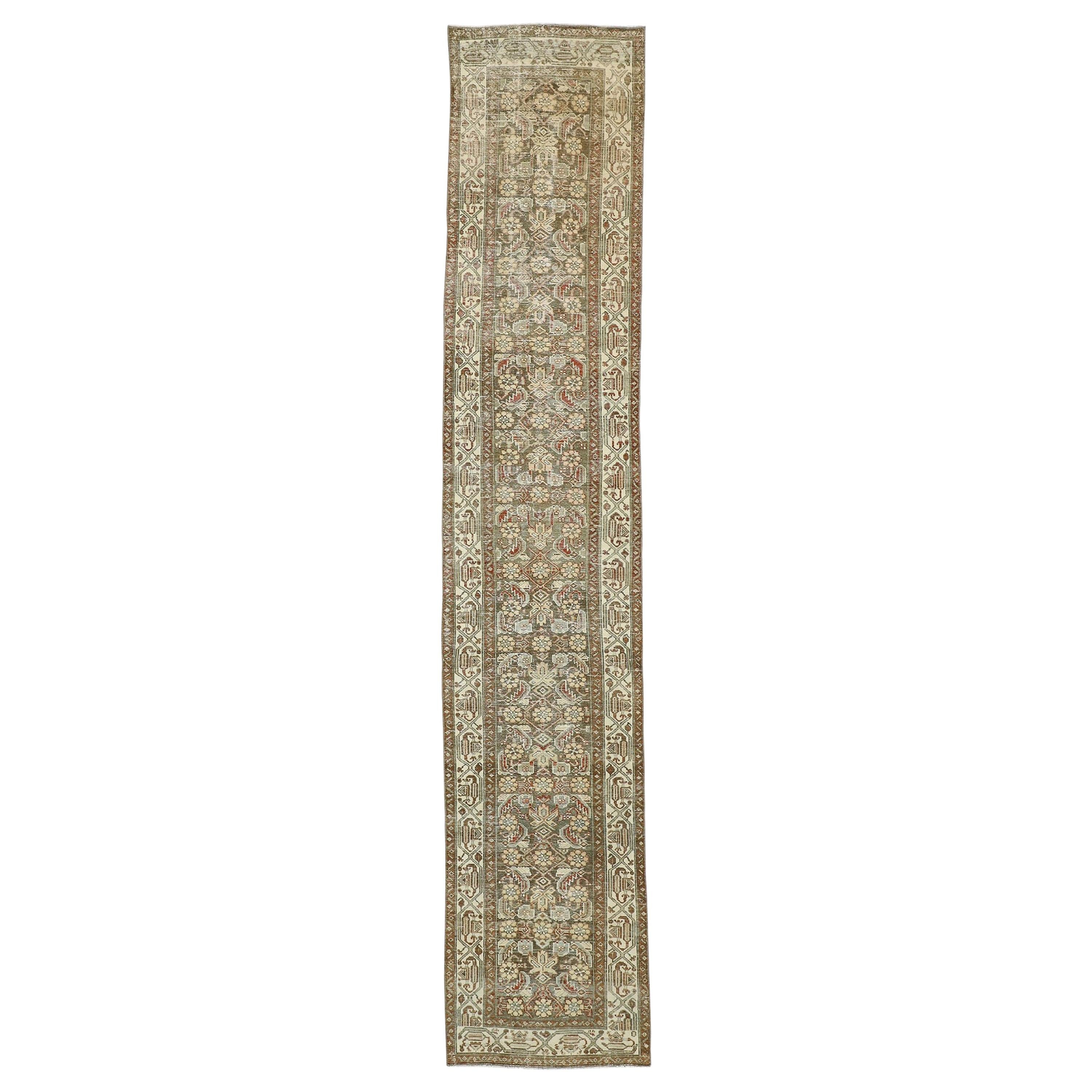 Distressed Antique Persian Malayer Design Runner with Rustic Craftsman Style For Sale