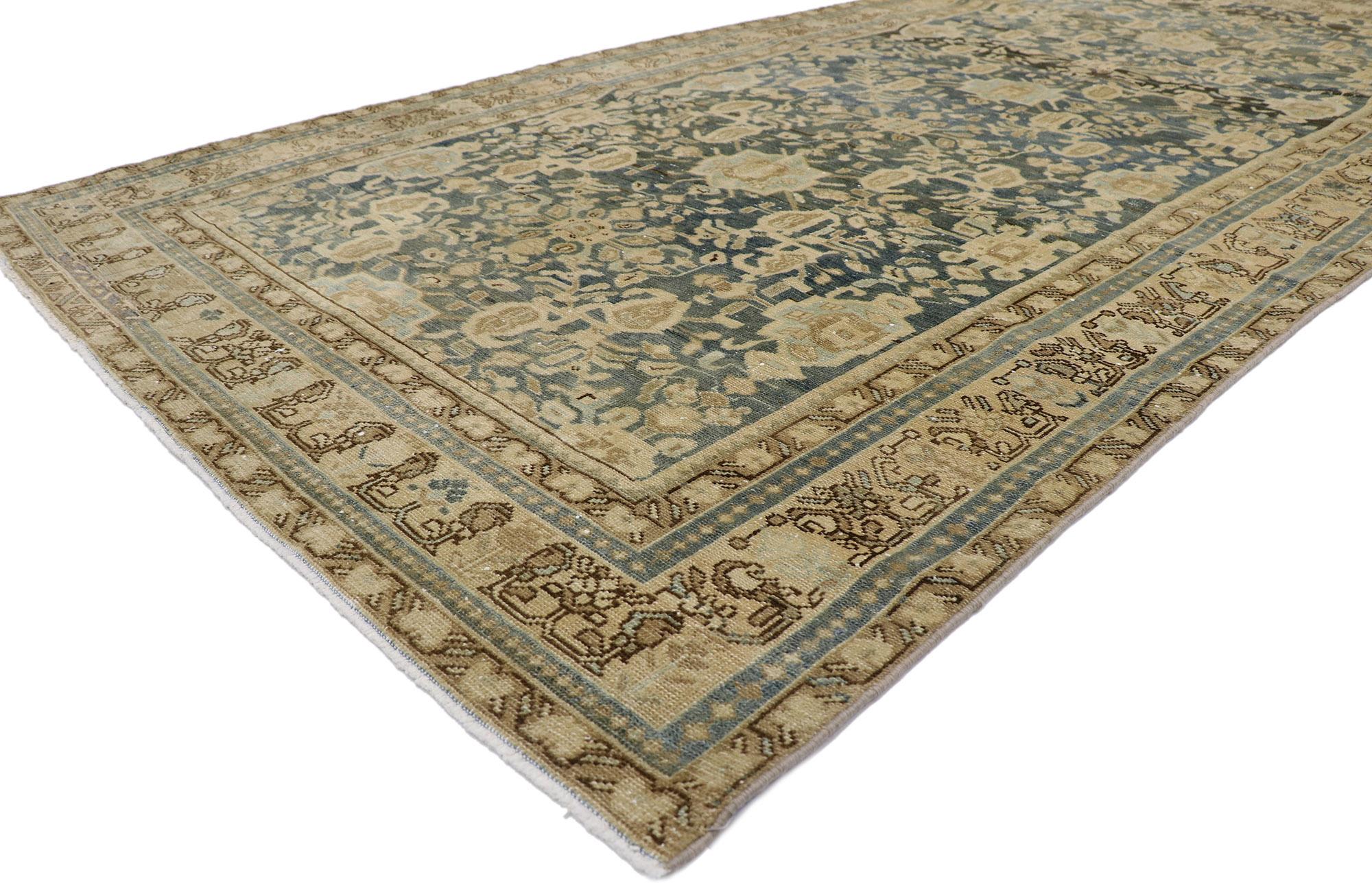 60932 Distressed antique Persian Malayer Gallery rug with Modern Rustic Style 05'04 x 10'07. Cleverly composed and poised to impress with its rustic sensibility, this hand knotted wool distressed antique Persian Malayer gallery rug will take on a