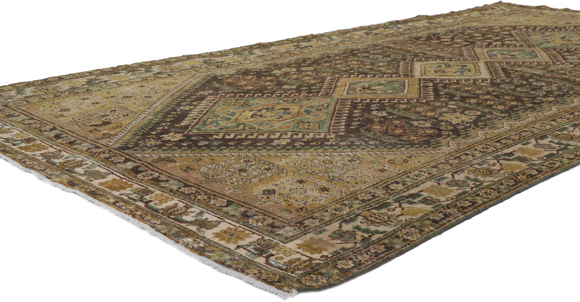 60981 Distressed Antique Persian Malayer Gallery rug 05'01 x 10'03. Balancing traditional sensibility and tribal design elements with nostalgic charm, this hand knotted wool distressed antique Persian Malayer gallery rug can beautifully blend