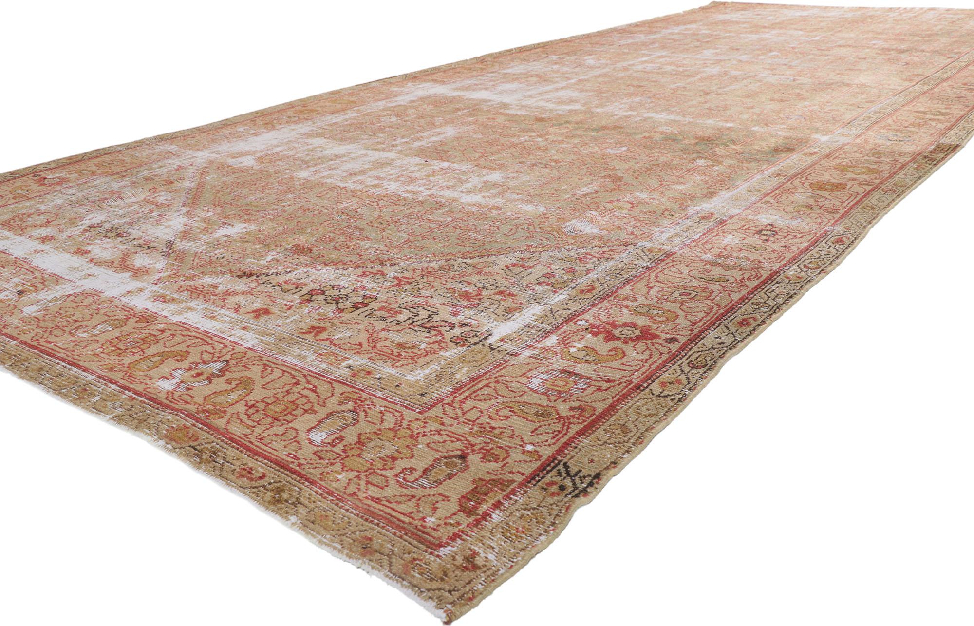 61030 Distressed Antique Persian Malayer Gallery rug with rustic style 06'07 x 16'05. This hand knotted wool distressed faded antique Persian Malayer Gallery rug features a lively all-over floral lattice pattern composed of Mina Khani design and