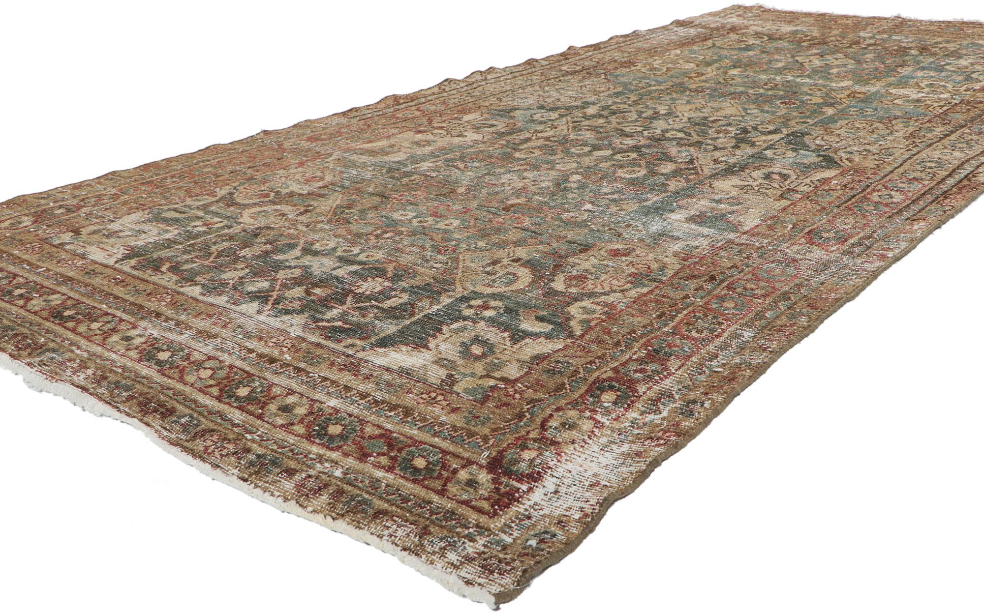 60956 Distressed Antique Persian Malayer Rug, 04'08 x 10'01. 
The perfect fusion of rustic charm and relaxed refinement is embodied in this exquisite hand-knotted wool distressed antique Persian Mahal rug. Crafted with utmost care, its faded Herati
