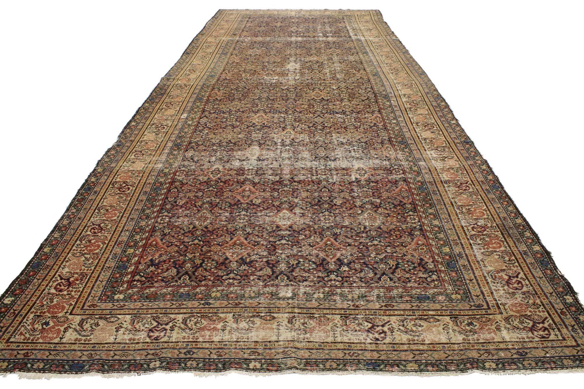 Hand-Knotted Distressed Antique Persian Malayer Gallery Rug, Long Living Room Rug For Sale