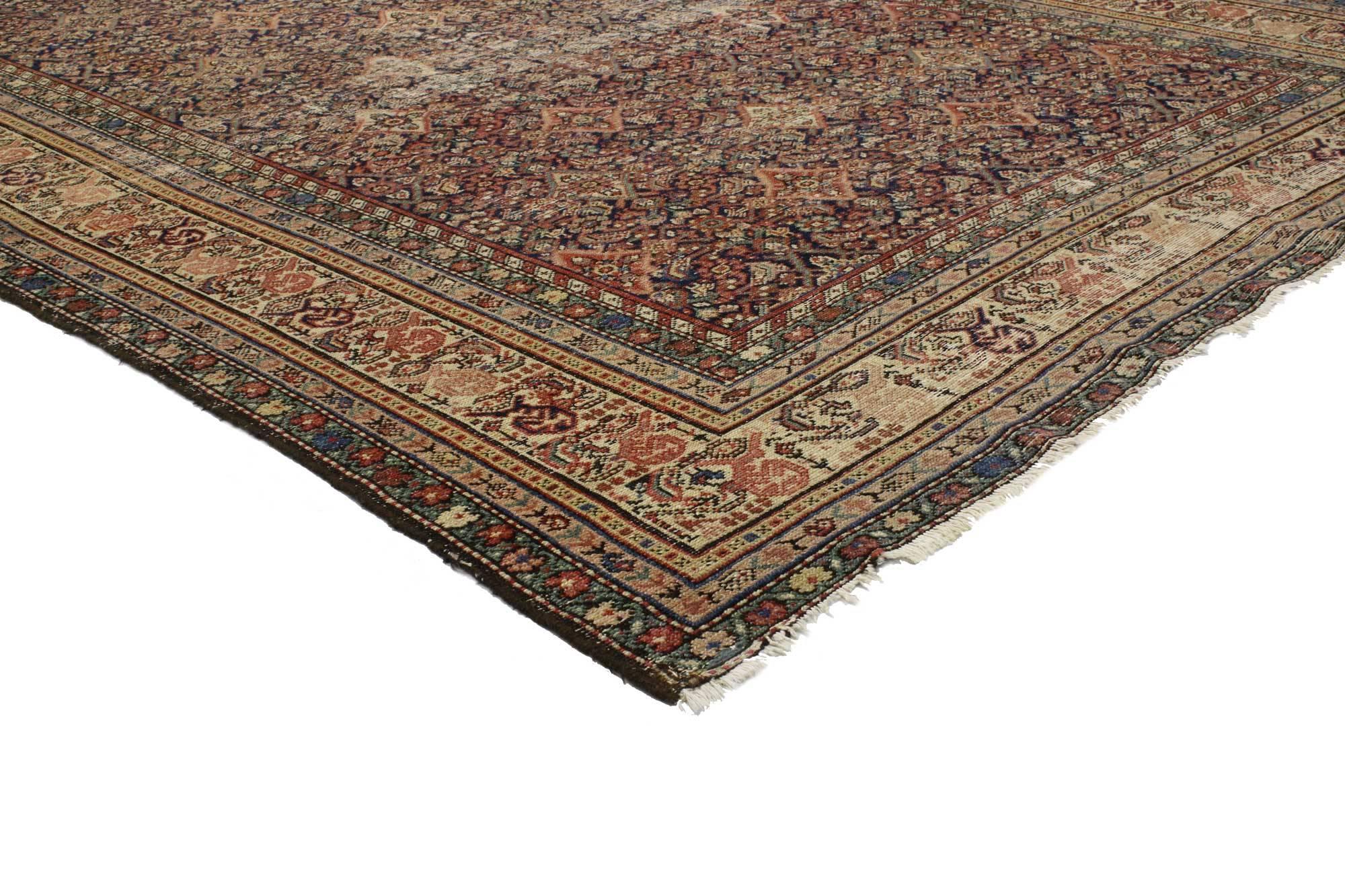 76762, distressed antique Persian Malayer gallery rug, long living room rug. This hand-knotted distressed antique Persian Malayer gallery rug features an all-over Herati pattern. It is framed with a geometric border flanked by triple guard bands.