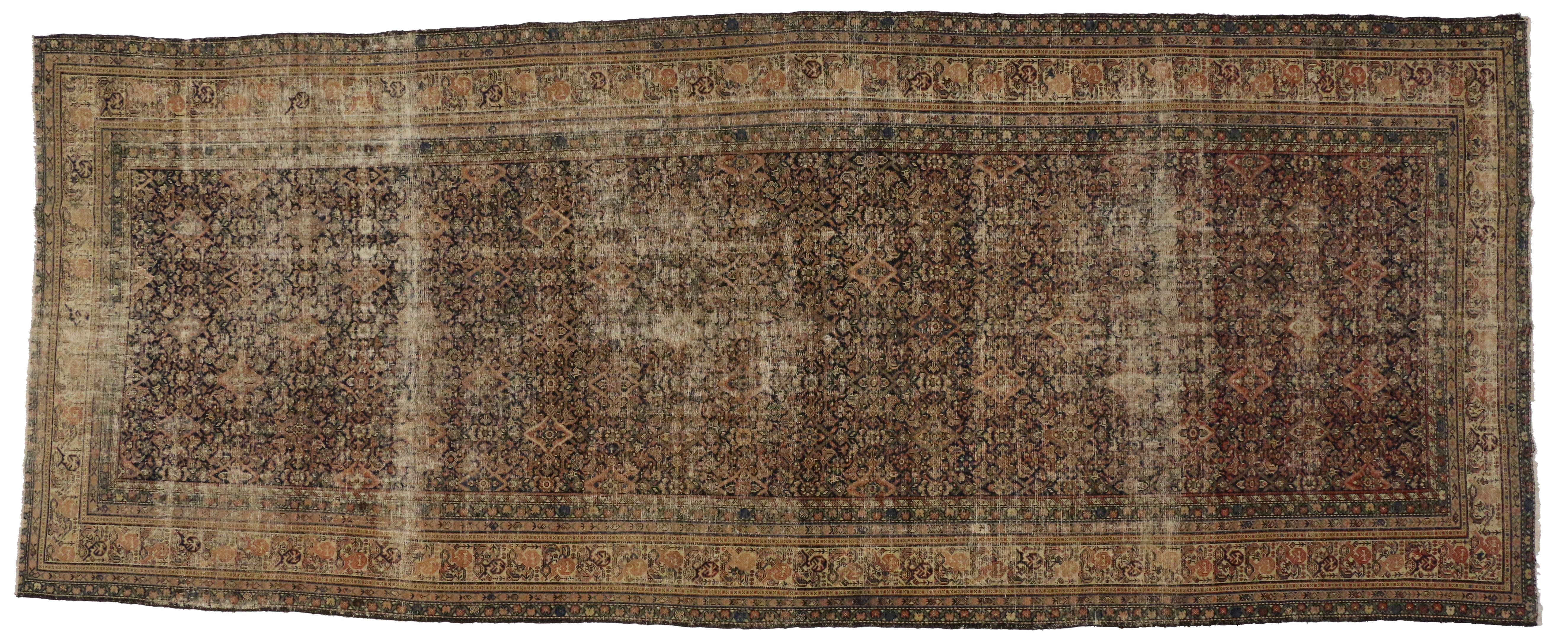 Distressed Antique Persian Malayer Gallery Rug, Long Living Room Rug In Distressed Condition For Sale In Dallas, TX