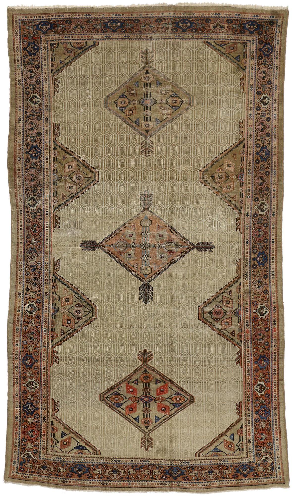 74246 Distressed Antique Persian Malayer Gallery Rug with Modern Industrial Style 06'06 x 11'08.​ This hand-knotted wool distressed antique Persian Malayer gallery rug features three lozenge style amulet medallions floating in a repeating geometric