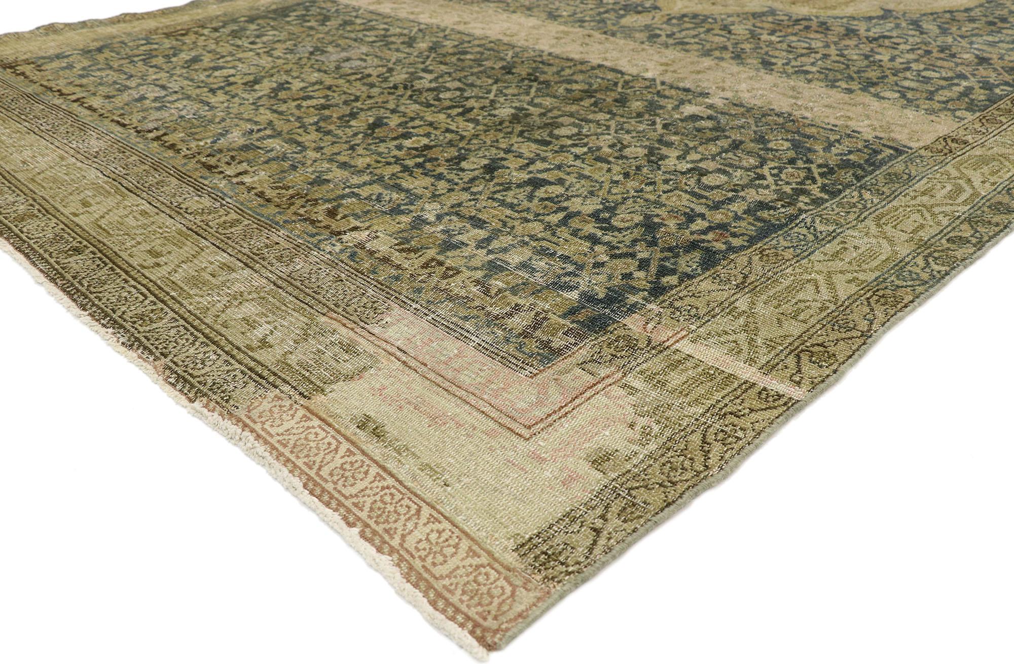 51881 Distressed Antique Persian Malayer gallery rug with modern rustic style 06'10 x 15'04. With its time-softened colors and rugged beauty, this hand-knotted wool distressed antique Persian Malayer gallery rug is a captivating vision of woven