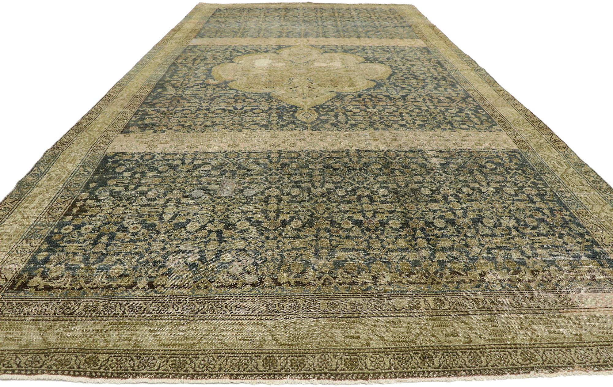 Distressed Antique Persian Malayer Gallery Rug with Modern Rustic Style In Distressed Condition For Sale In Dallas, TX