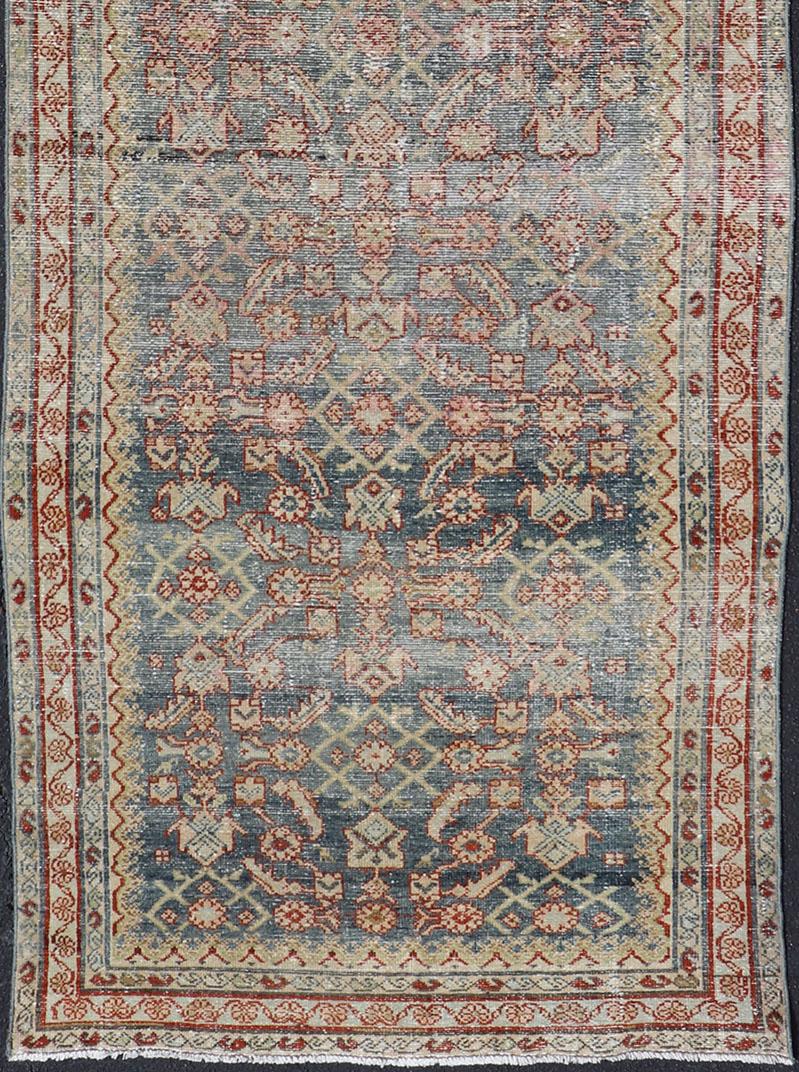 Hand-Knotted Distressed Antique Persian Malayer Gallery Runner with All-Over Design For Sale