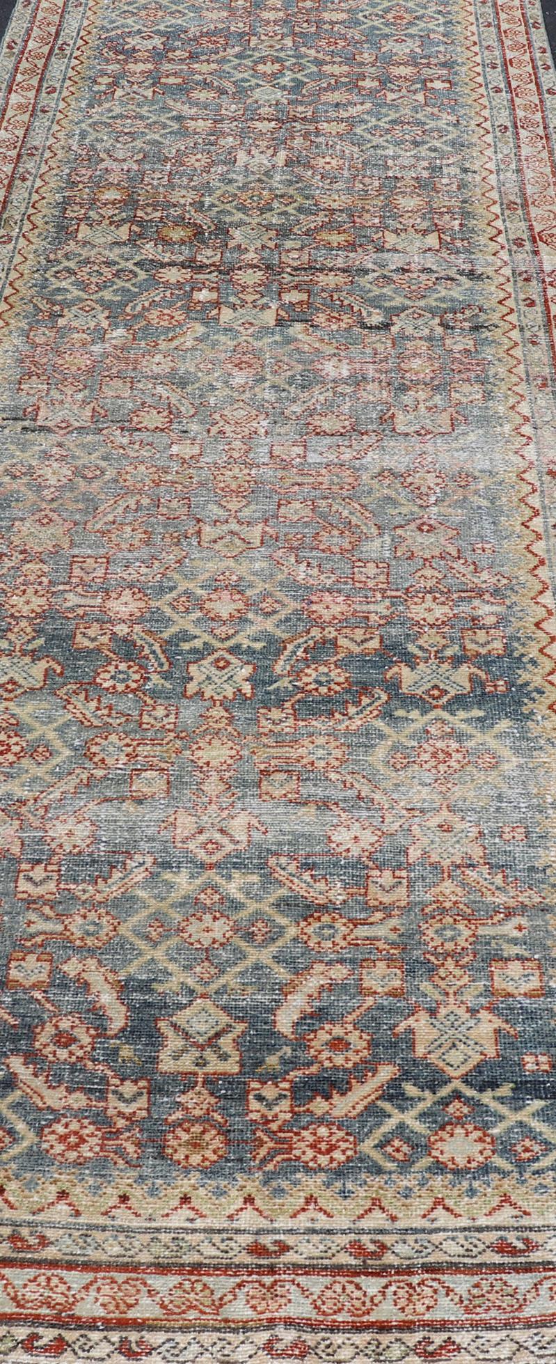 Distressed Antique Persian Malayer Gallery Runner with All-Over Design In Good Condition For Sale In Atlanta, GA
