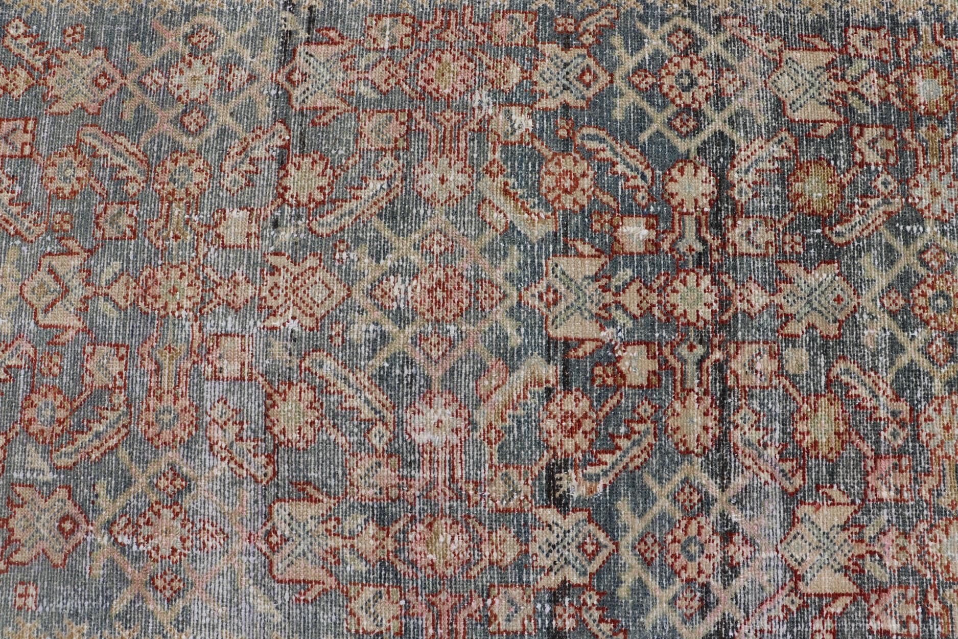 Wool Distressed Antique Persian Malayer Gallery Runner with All-Over Design For Sale