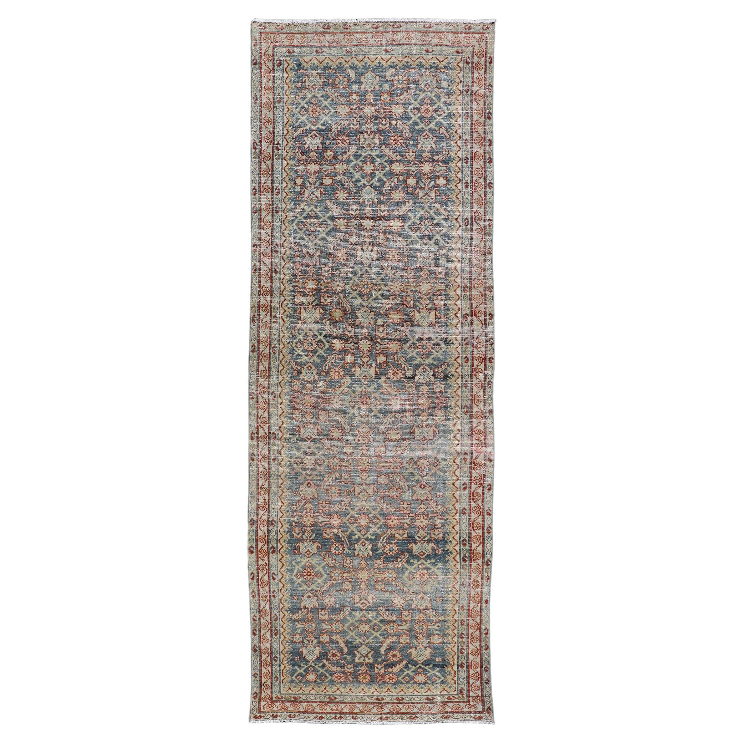 Distressed Antique Persian Malayer Gallery Runner with All-Over Design For Sale