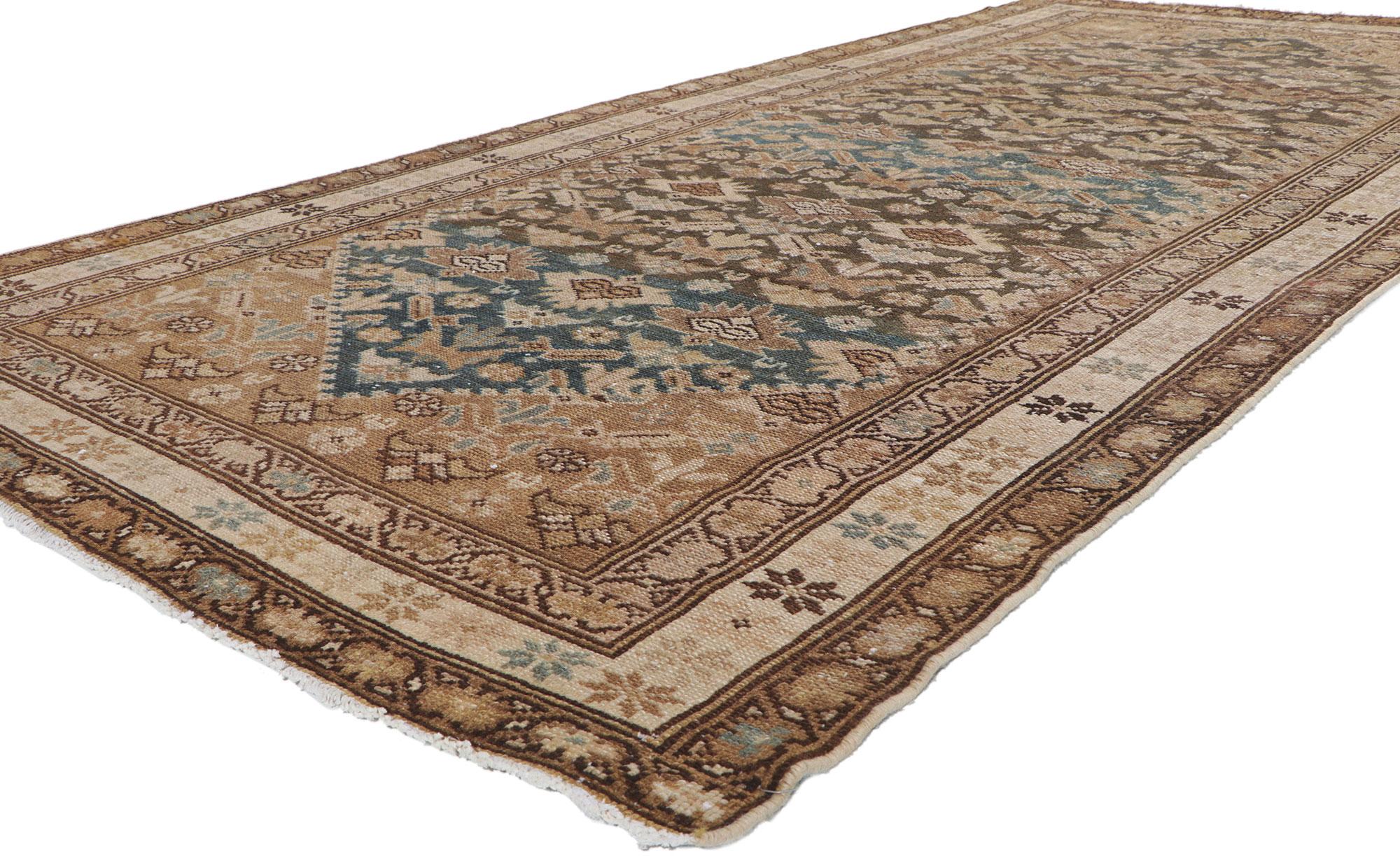 60970 distressed antique Persian Malayer Hallway rug, 04'11 x 10'06. With its lovingly time-worn composition and rugged beauty, this hand-knotted wool distressed vintage Persian Malayer gallery rug is a captivating vision of woven beauty. The