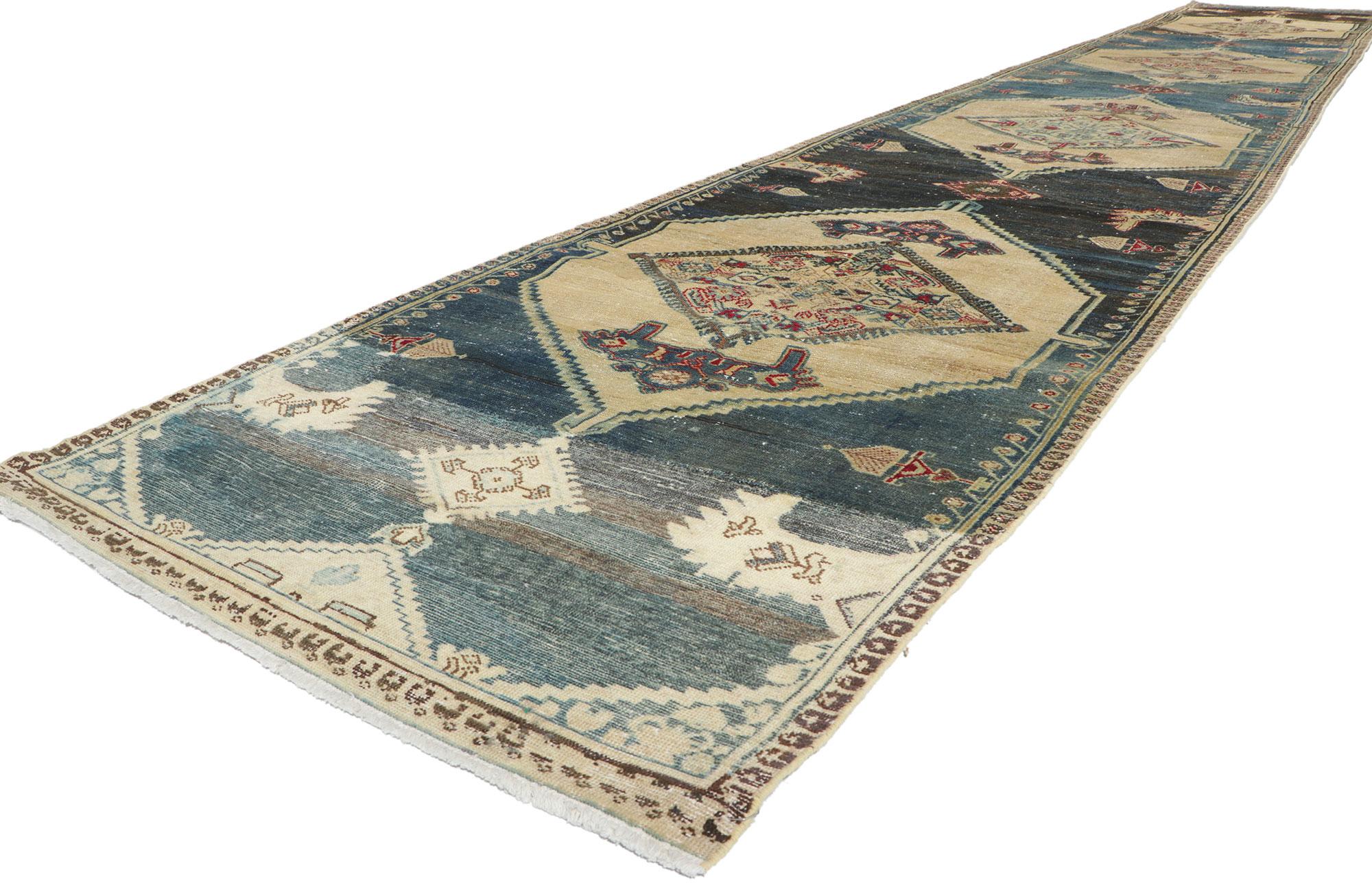 60949 Distressed Antique Persian Malayer Hallway Runner 03'05 x 22'01. With its nomadic charm and rugged beauty, this hand knotted wool distressed antique Persian Malayer runner will take on a curated lived-in look that feels timeless while
