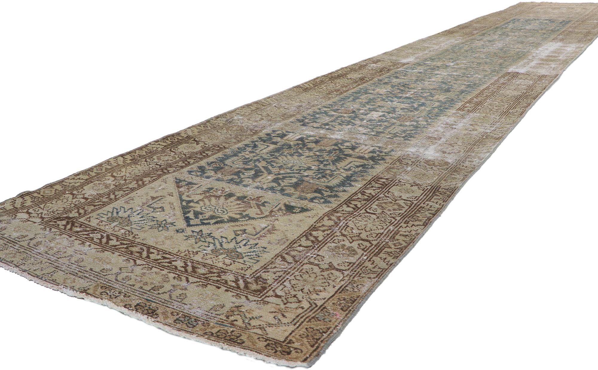 60962 Distressed Antique Persian Malayer Runner with Herati Pattern 03'02 x 19'03. With its rugged beauty and rustic sensibility, this hand knotted wool distressed antique Persian Malayer runner will take on a curated lived-in look that feels