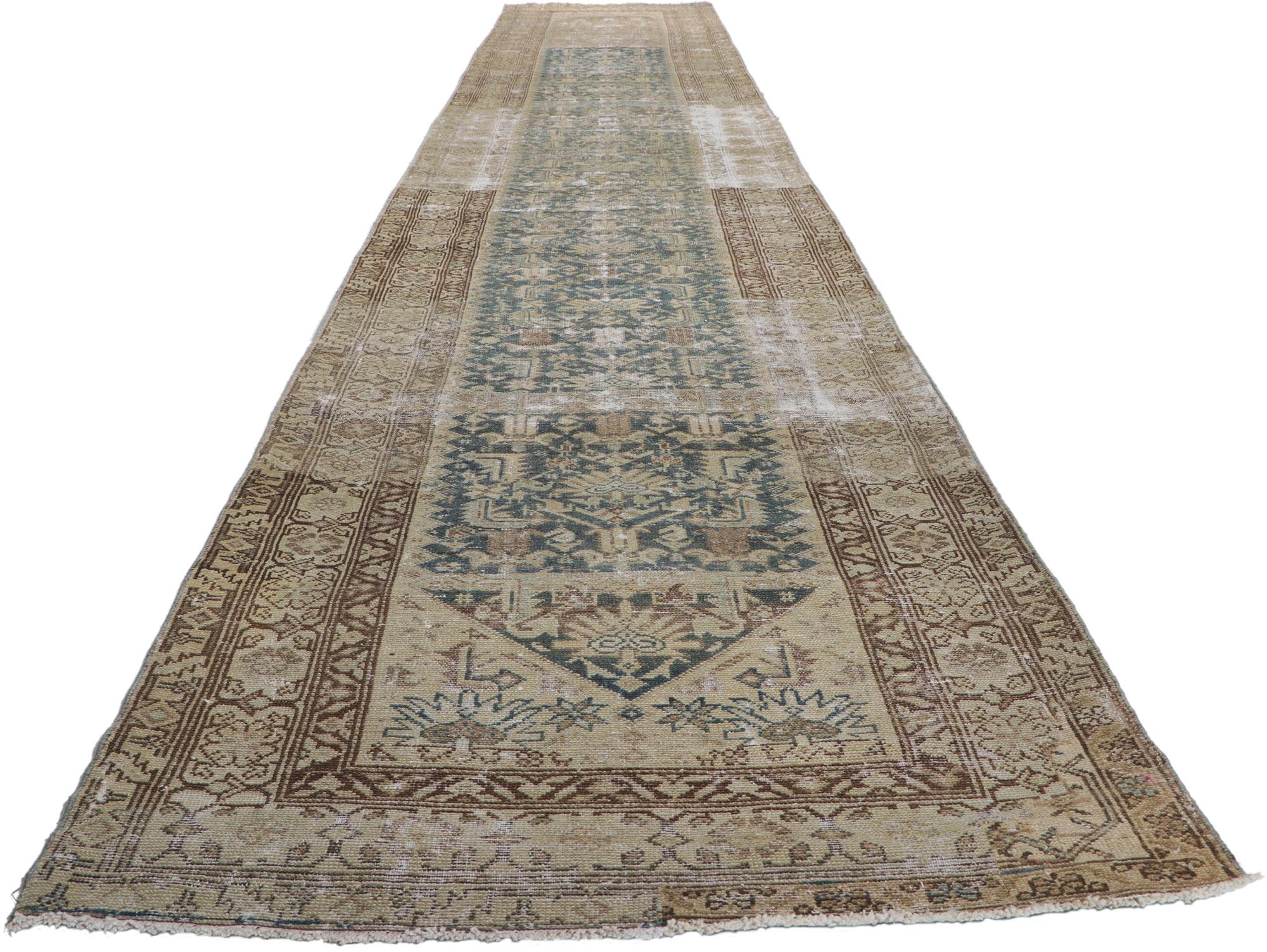 Hand-Knotted Distressed Antique Persian Malayer Hallway Runner with Herati Design For Sale