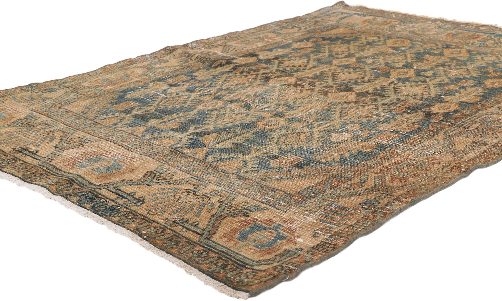 53742 Antique Persian Malayer rug, 03'09 x 05'06.
Distressed. Desirable Age Wear. Antique Wash. Abrash. Hand-knotted wool. Made in Iran.