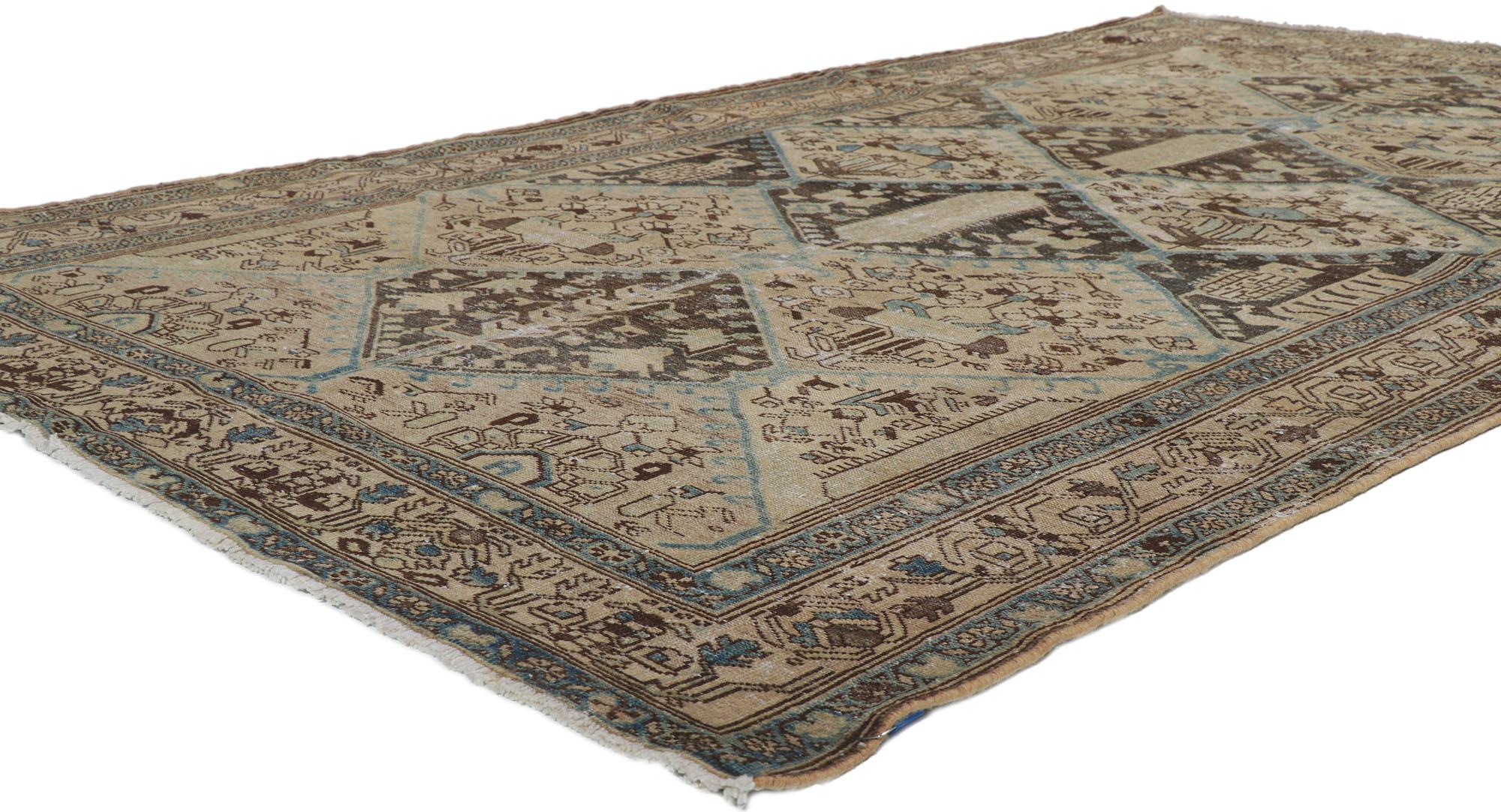 60983 Distressed Antique Persian Malayer rug 05'06 x 09'02. Emanating sophistication and grace with rustic sensibility, this hand knotted wool distressed antique Persian Malayer rug will take on a curated lived-in look that feels timeless while