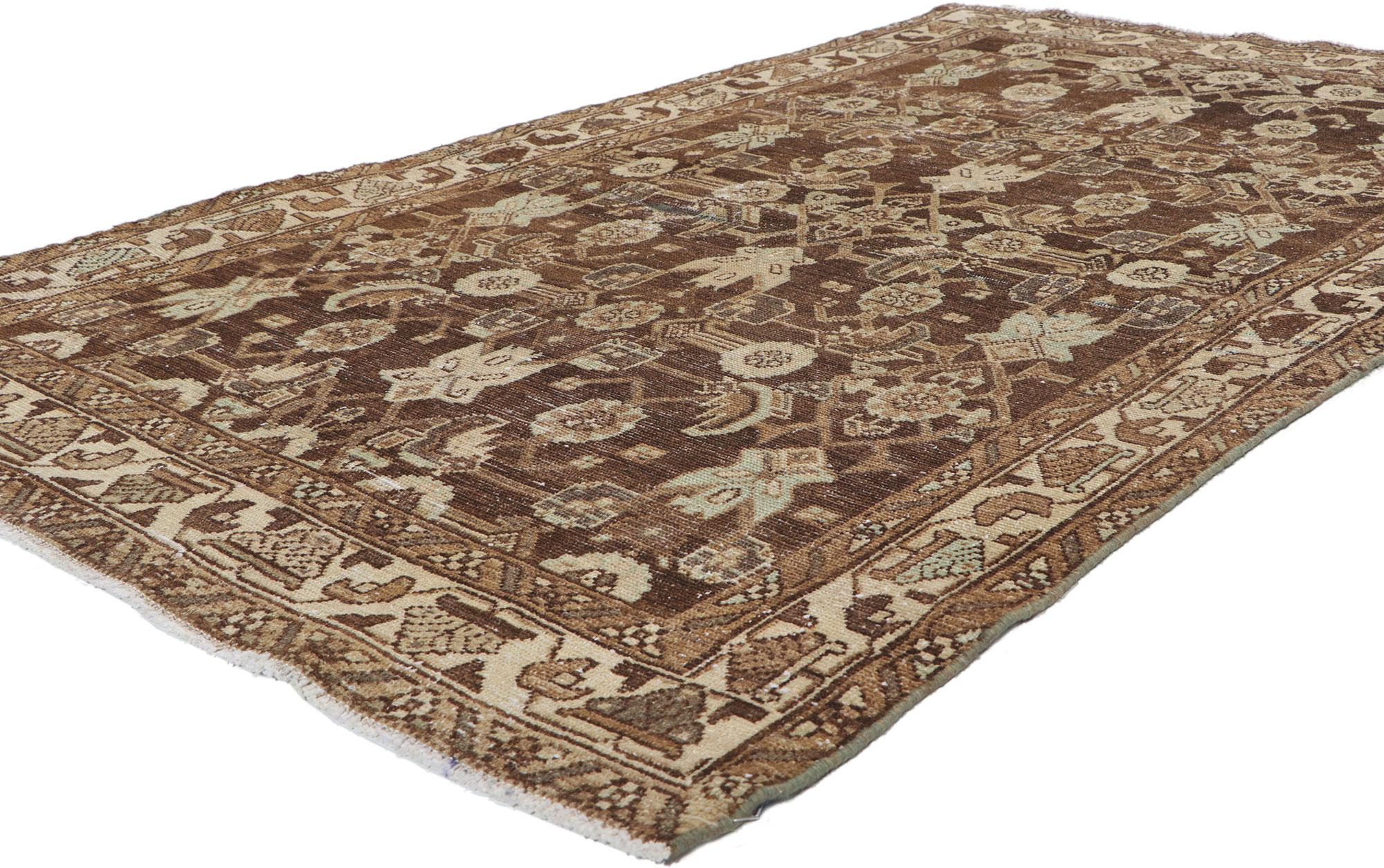 60971 Antique Brown Persian Malayer Rug, 03'10 x 06'06.
​Prepare for a mesmerizing adventure whisked away by the warm embrace of this hand knotted wool antique Persian Malayer rug. This enchanting Persian carpet will transport you to a world of