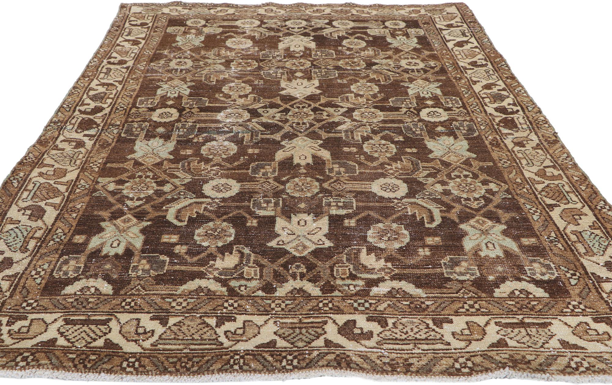Hand-Knotted Antique-Worn Persian Malayer Rug, Midcentury Modern Meets Weathered Finesse For Sale
