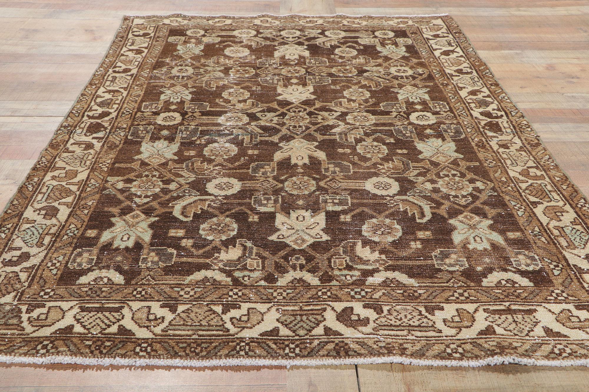 Antique-Worn Persian Malayer Rug, Midcentury Modern Meets Weathered Finesse For Sale 3