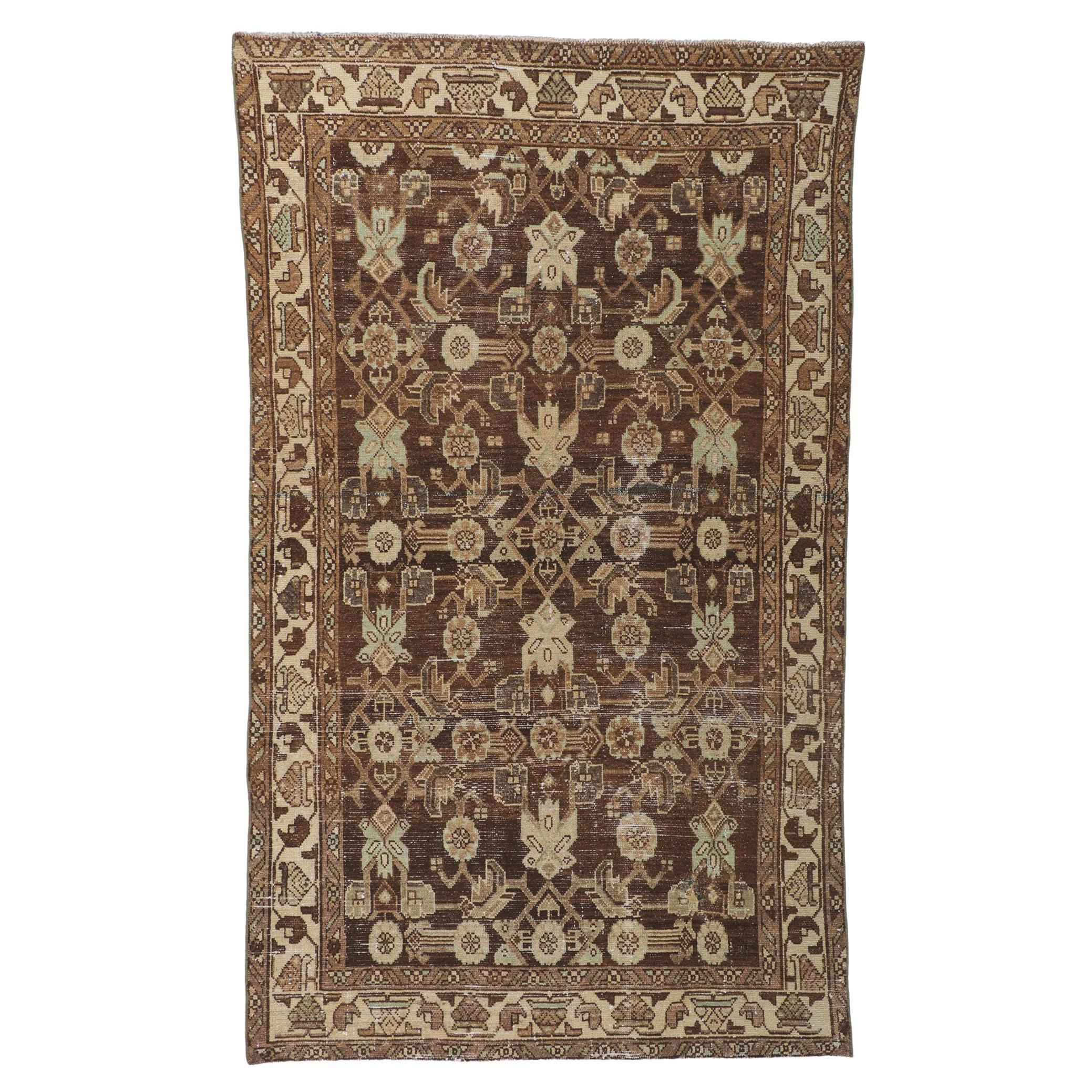 Antique-Worn Persian Malayer Rug, Midcentury Modern Meets Weathered Finesse For Sale