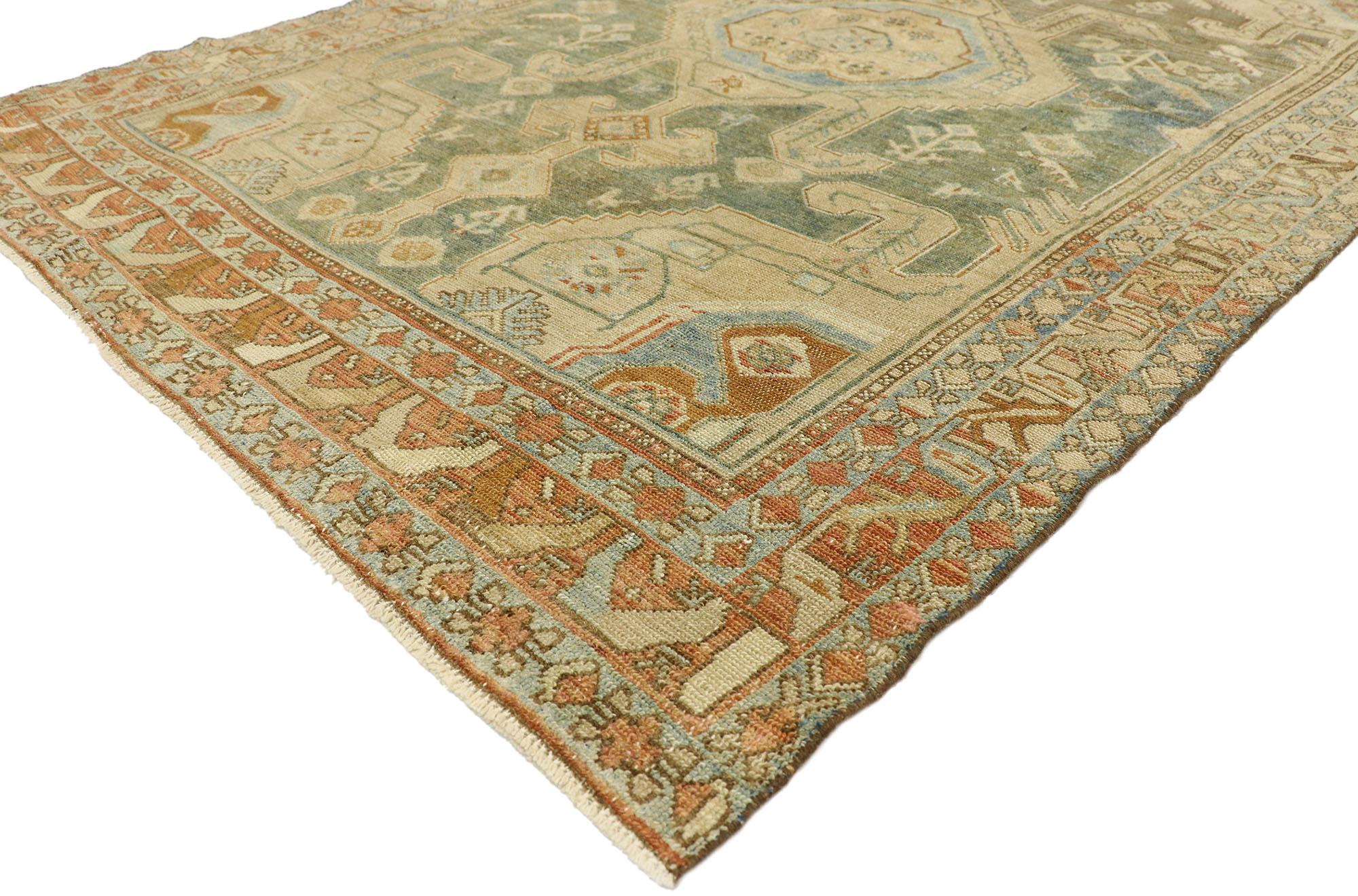 52842, Distressed Antique Persian Malayer Rug with Arts & Crafts Rustic Style 04'08 x 06'08. Balancing traditional sensibility and tribal design elements with nostalgic charm, this hand knotted wool distressed antique Persian Malayer rug can