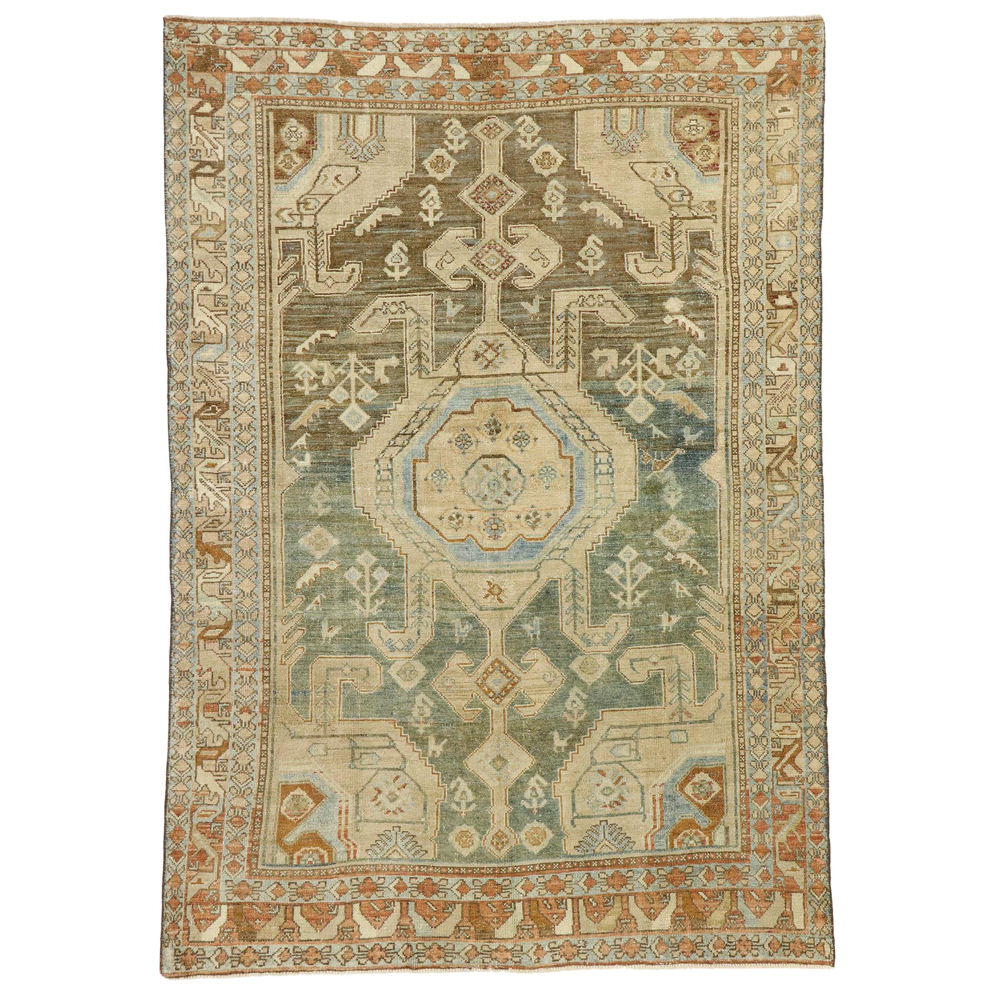 Distressed Antique Persian Bijar Rug with Rustic Belgian Arts and