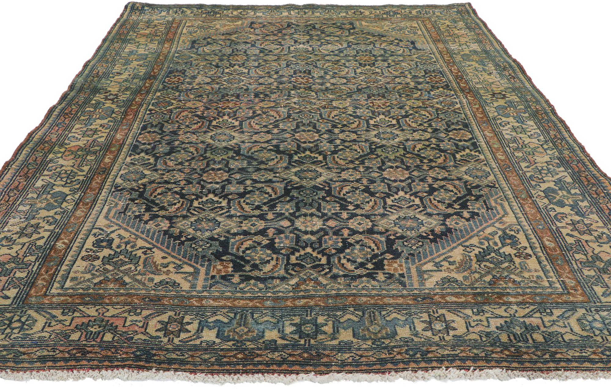 Hand-Knotted Distressed Antique Persian Malayer Rug with Herati Design For Sale