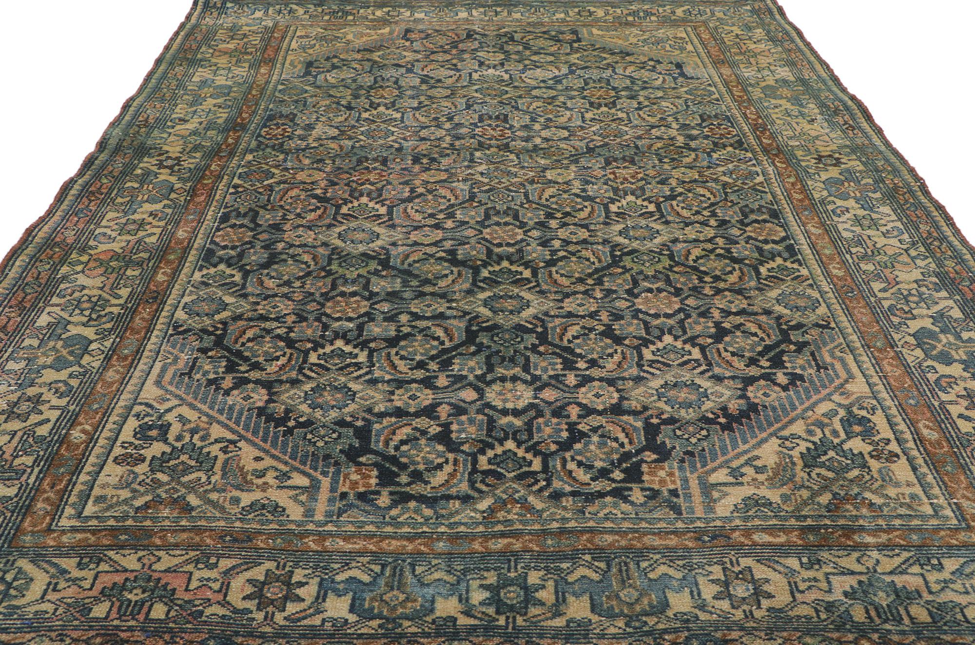 Distressed Antique Persian Malayer Rug with Herati Design In Distressed Condition For Sale In Dallas, TX