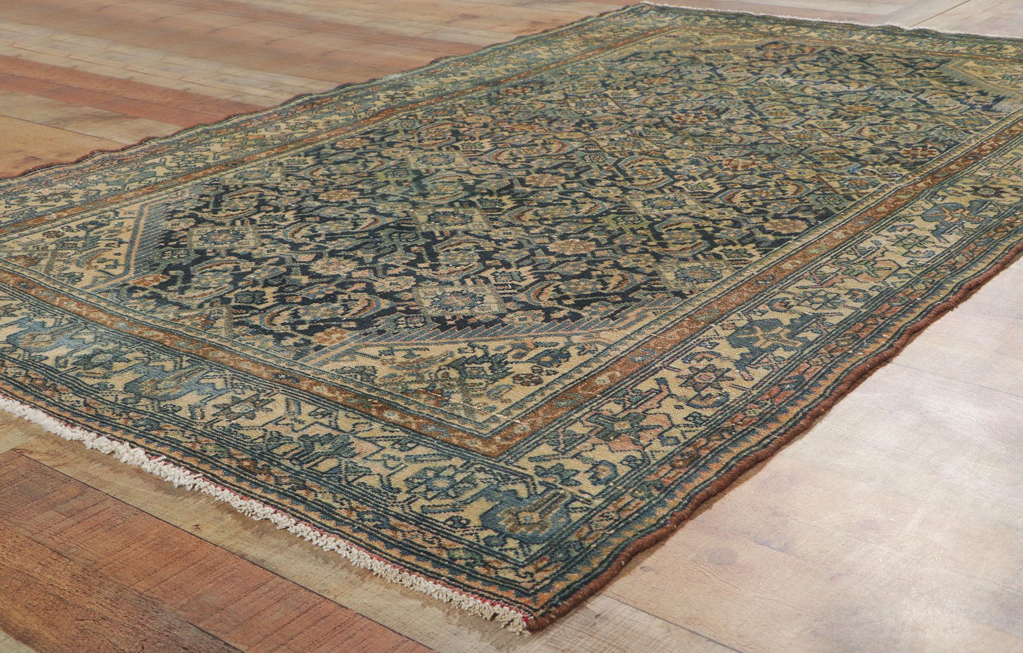 Wool Distressed Antique Persian Malayer Rug with Herati Design For Sale