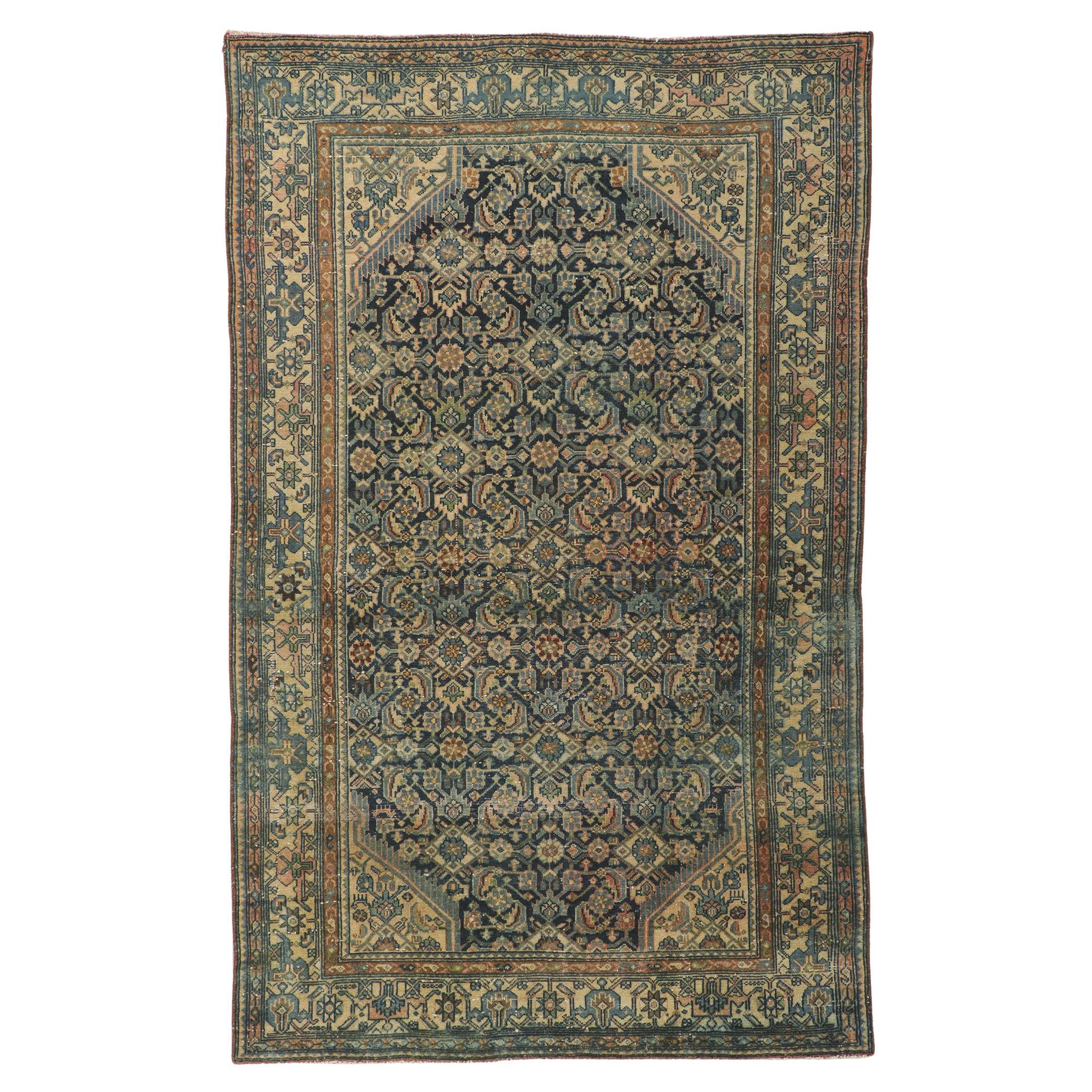 Distressed Antique Persian Malayer Rug with Herati Design For Sale