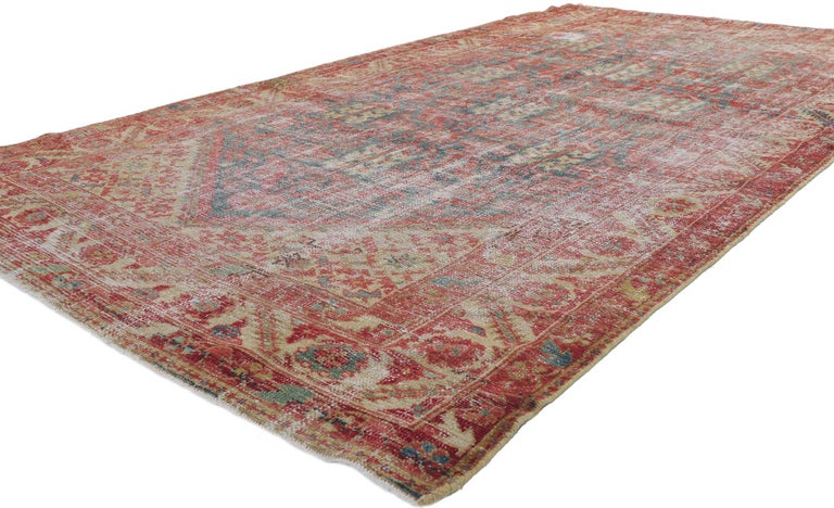 61031 Distressed Antique Persian Malayer Gallery rug 05'01 x 09'02. This hand knotted wool distressed antique Persian Malayer Gallery rug features a lively all-over floral lattice pattern composed of Mina Khani design and Guli Henna which is the