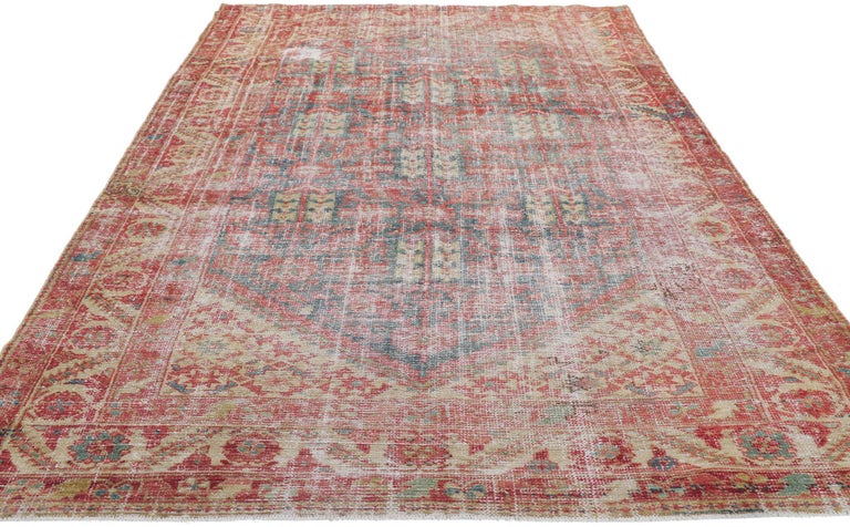 Hand-Knotted Distressed Antique Persian Malayer Rug with Mina Khani Design and Guli Henna For Sale