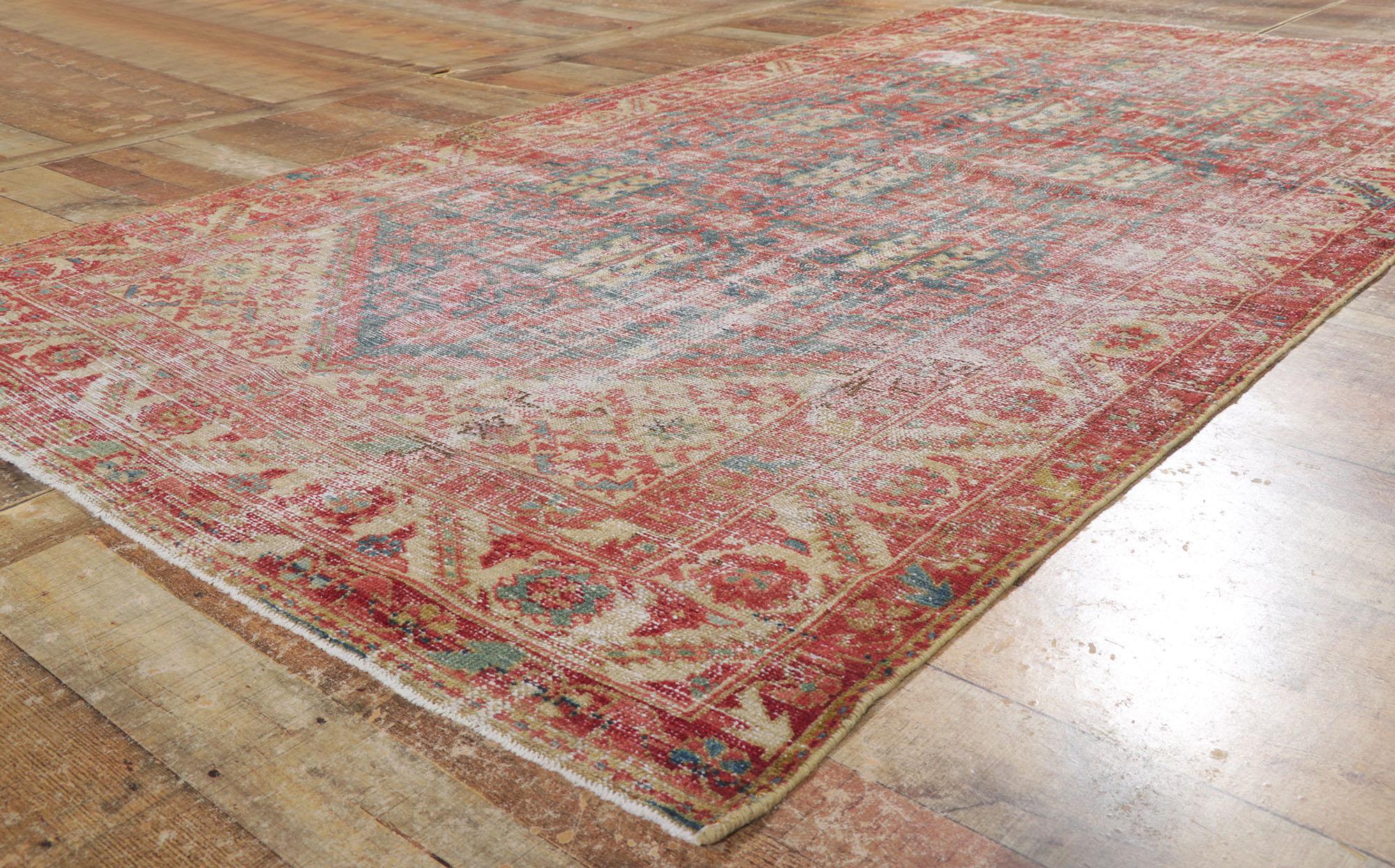 Distressed Antique Persian Malayer Rug with Mina Khani Design and Guli Henna In Distressed Condition For Sale In Dallas, TX